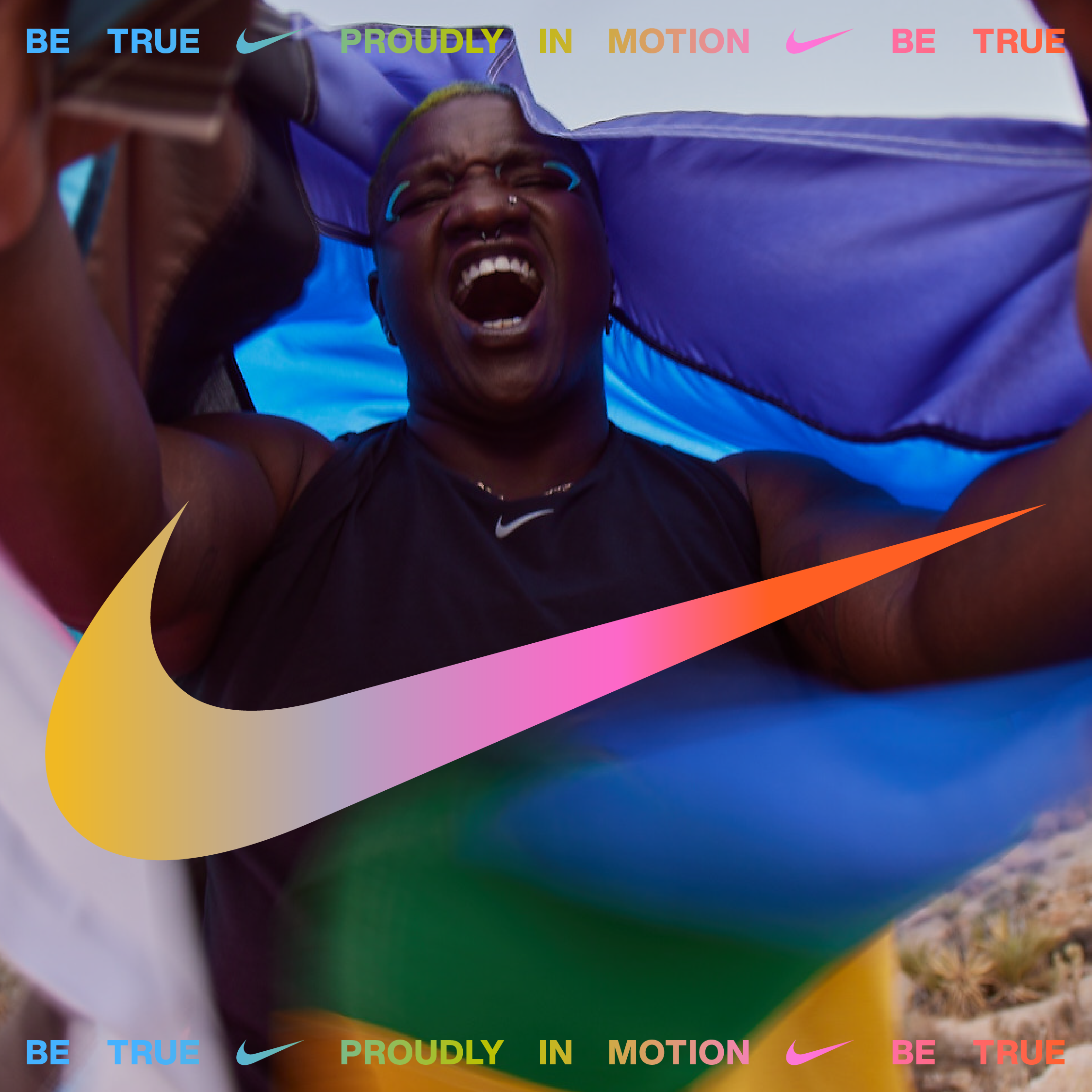 Raven Saunders with pride flag and nike logo
