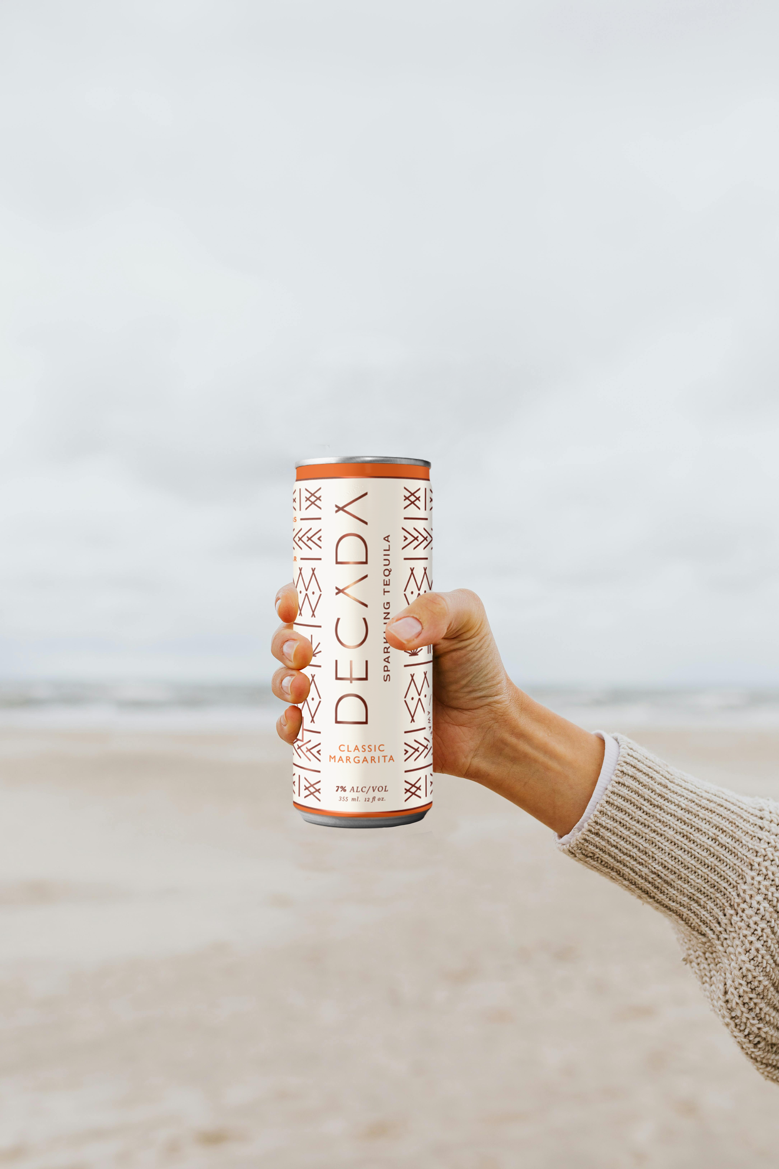 Close up of Decada can at the beach
