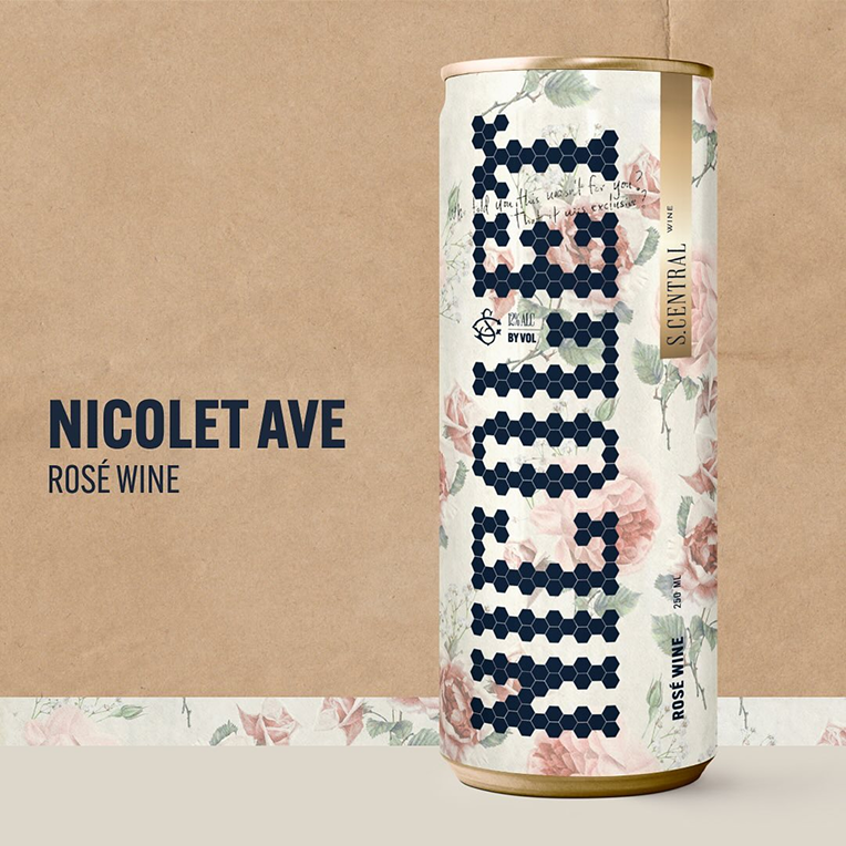 Nicolet Ave Rose wine text and can