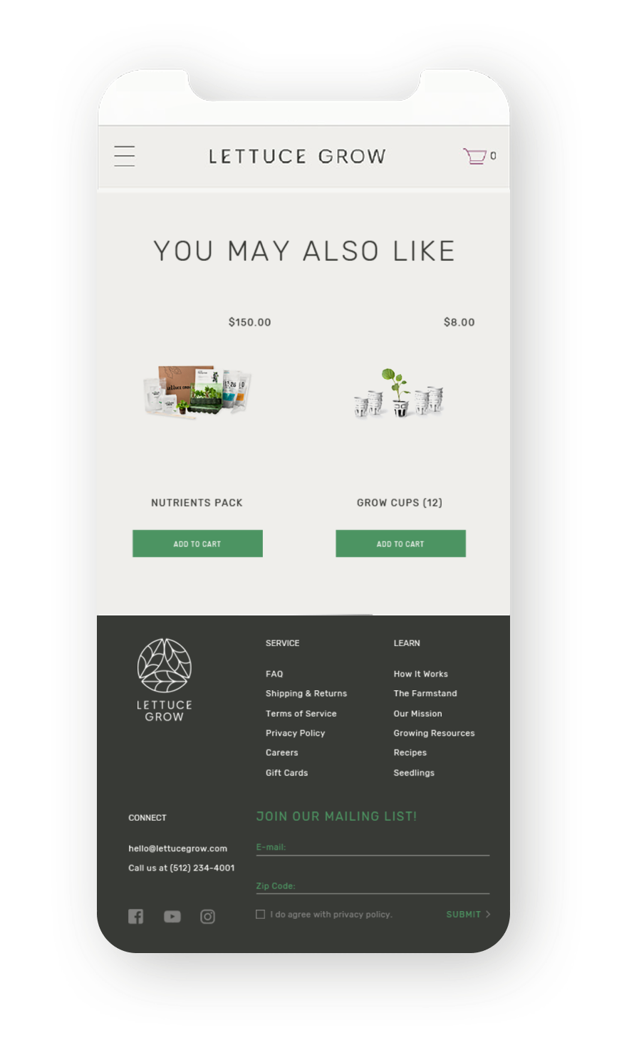 Lettuce Grow product page on mobile