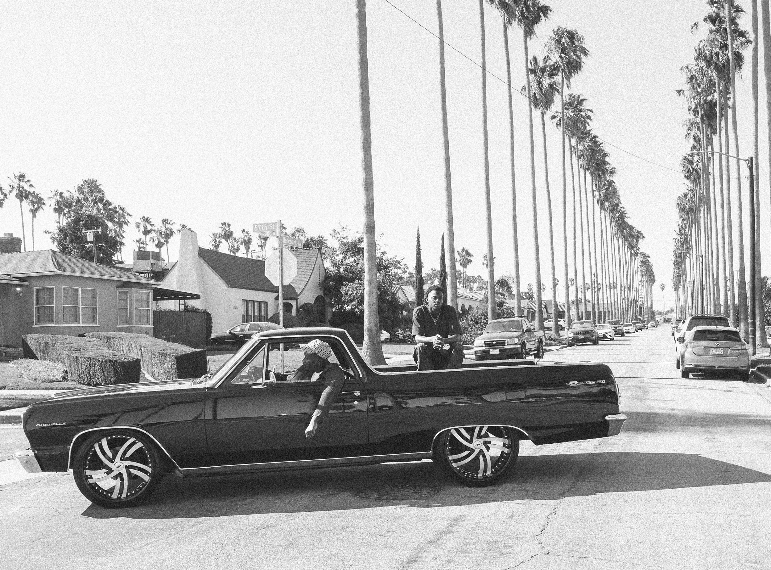 Two people in truck on a street with palm trees