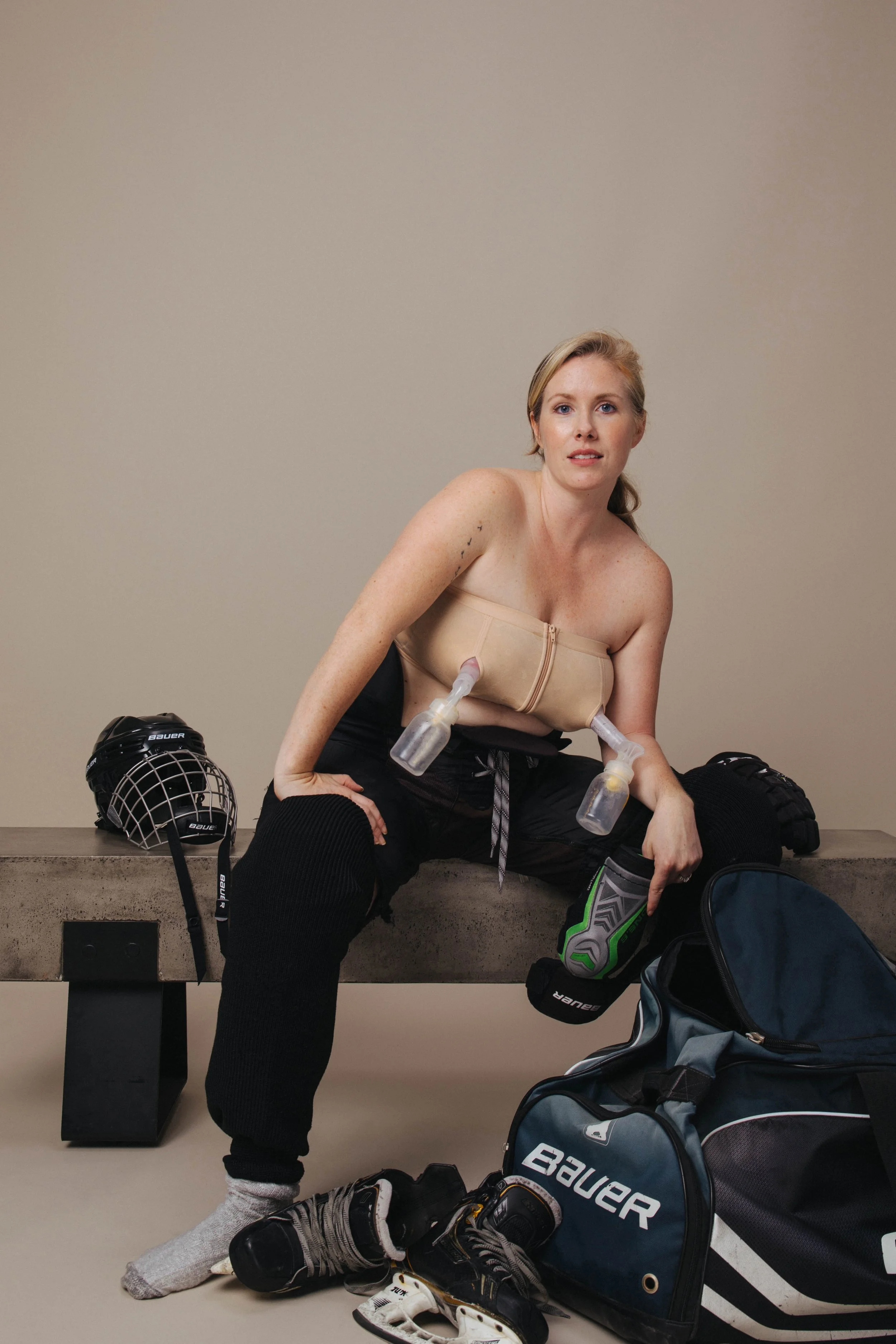 Hockey mom with breast pumps