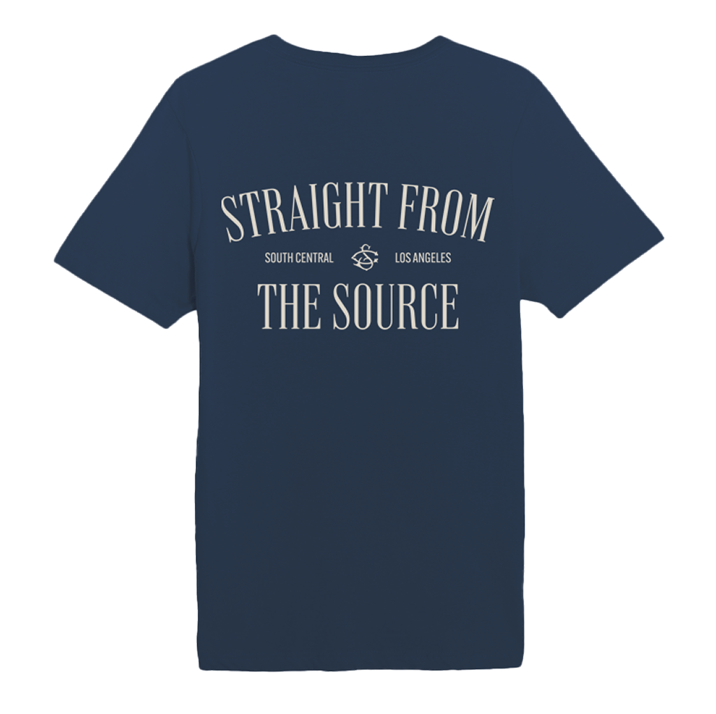 Back of of blue South Central Wine t-shirt that says "Straight from the source"