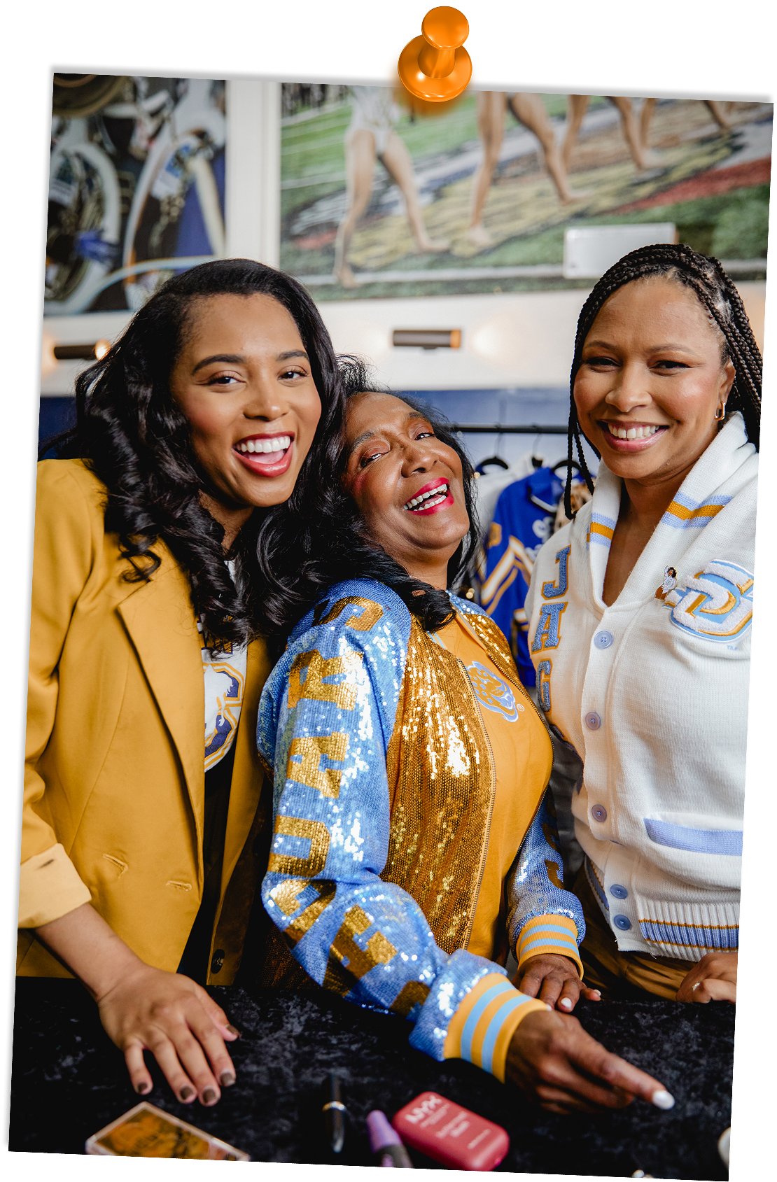 Pinned photo of three women smiling