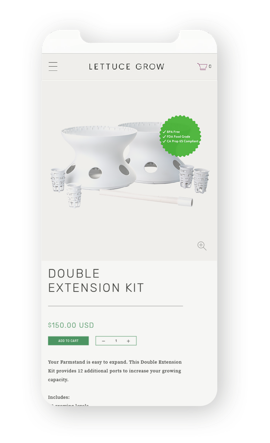 Lettuce Grow product page on mobile