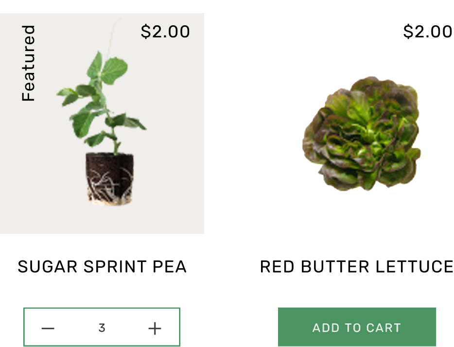 User interface of products on Lettuce Grows website