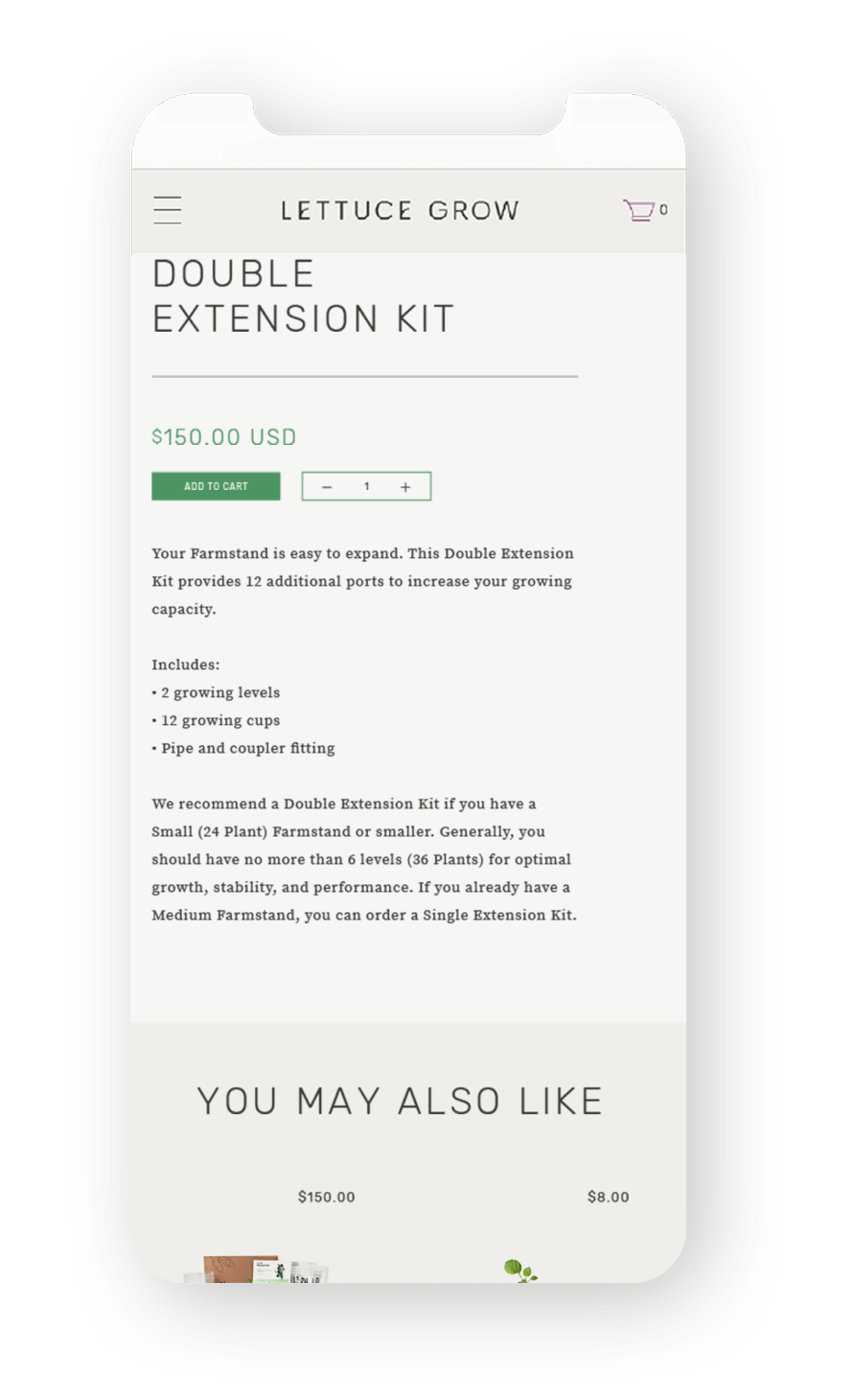 Lettuce Grow product page on mobile