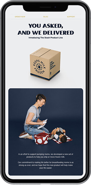 Milkstork landing page for mobile