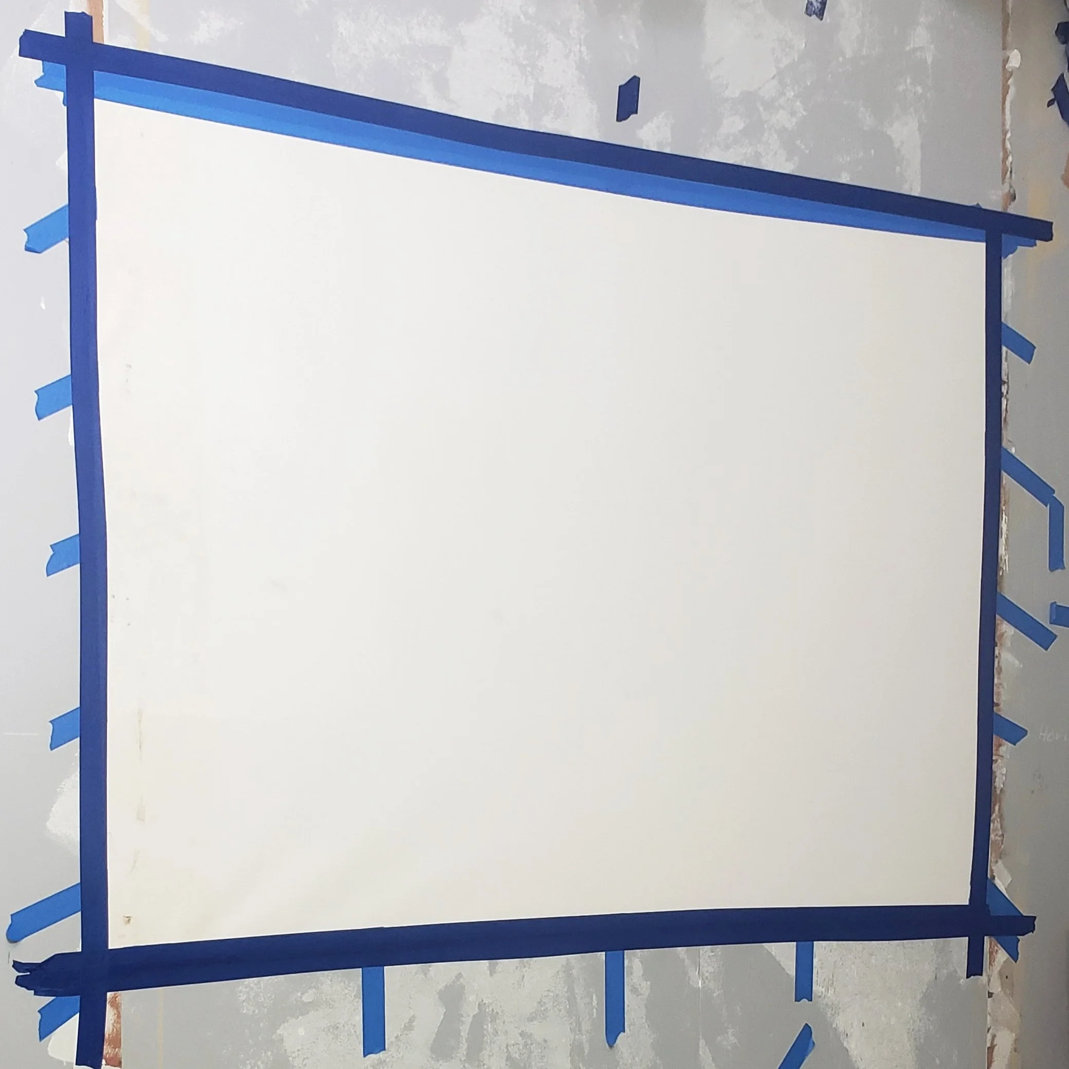 The daunting blank canvas! After taping my blank canvas on the wall, I begin taking measurements, penciling in designs, and tape off the perimeter of my painting.