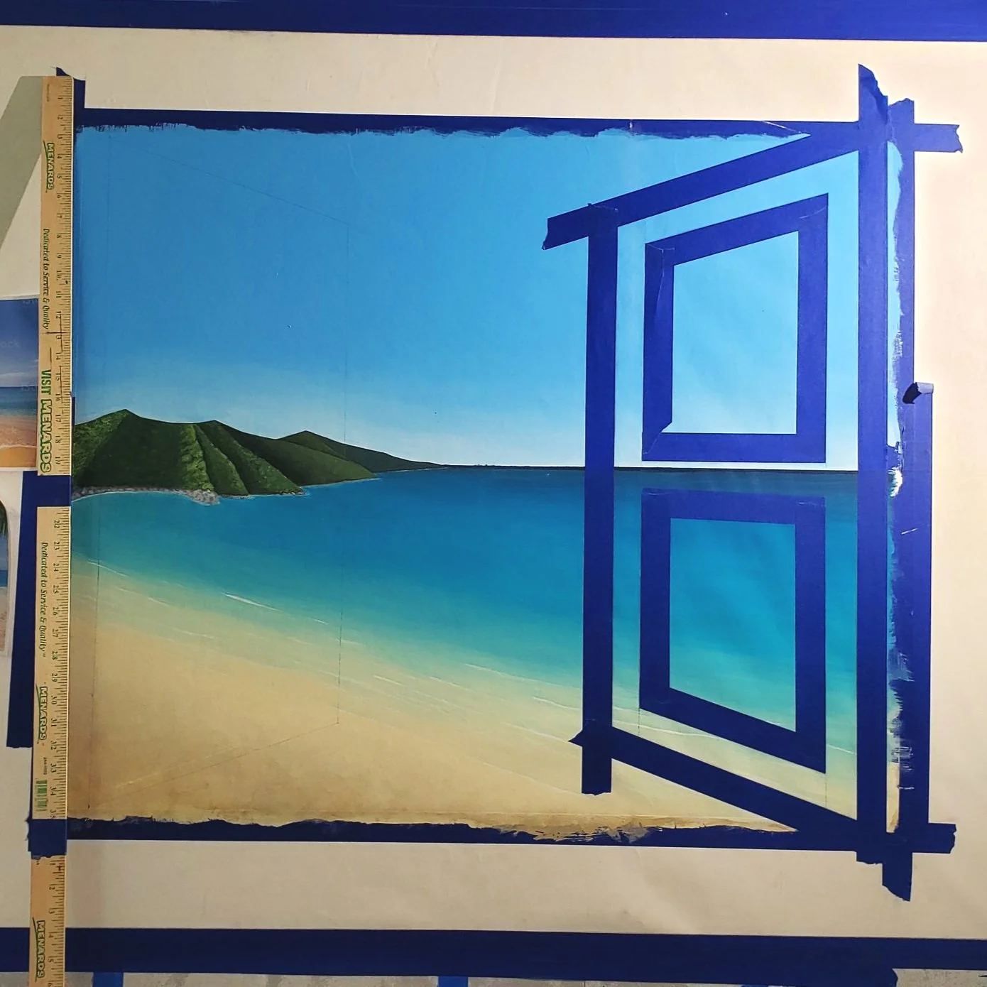 Once the background was finished, I marked and taped off the windows and window frame. On window pieces I'll often do the windows first however since so much of this project was smooth gradients, I chose to do the background first.