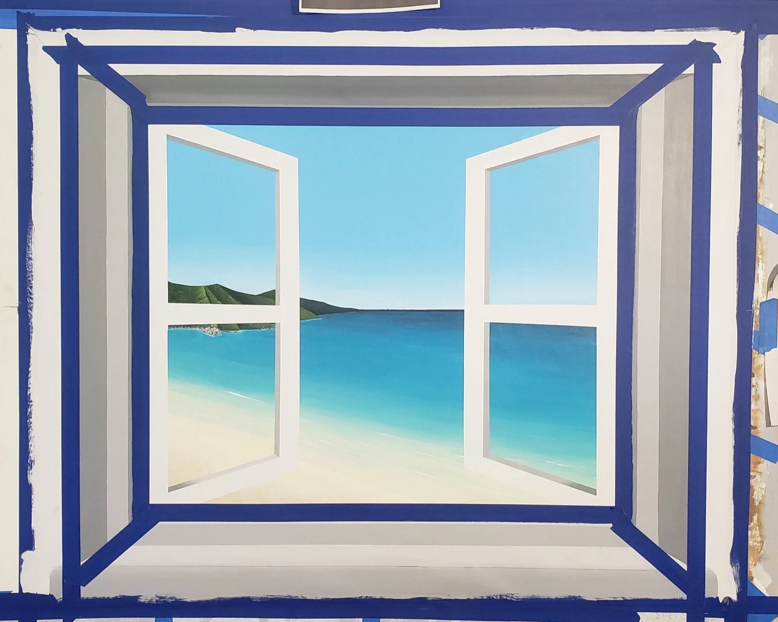 Thank goodness it's just paint! After painting in part of the window frame I decided I didn't like the layout and needed to change it a bit. I remeasured and re-taped then painted over what I'd already done. To my surprise, the first layer actually