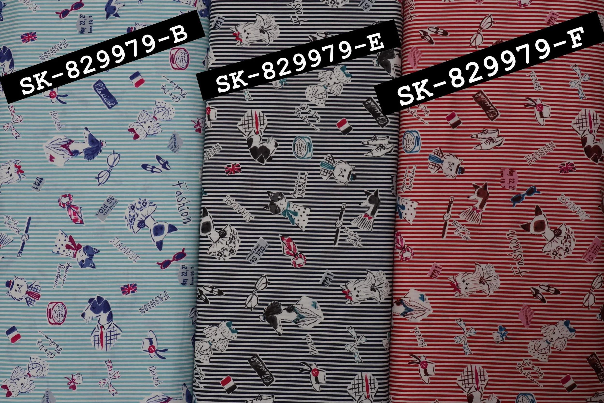 EDIT: note sold out colors Charming print on 100% cotton, ~43&rdquo; wide, from Yuwa fabrics. Classy-looking dogs, like collies and poodles, and cats &mdash; Siamese, etc. &mdash; on stylish pinstripe backgrounds of different colors, scattered with f