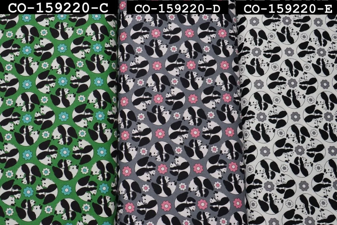 This 100% cotton canvas panda print fabric from Yuwa is full of movement and motion! A simple but incredibly fun design of PANDA BEARS and their little PANDA BEAR CUBS turn in circles, surrounded by stylized daisies on bold, bright background colors.