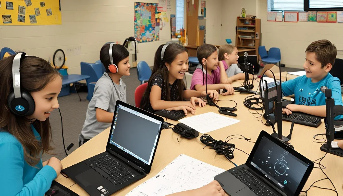Students in a classroom wearing headphones and working on laptops, engaged in a collaborative learning activity.