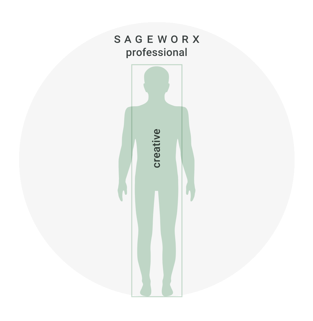 Silhouette of a human figure labeled "creative" within a rectangular box, with "Sageworx professional" text above.