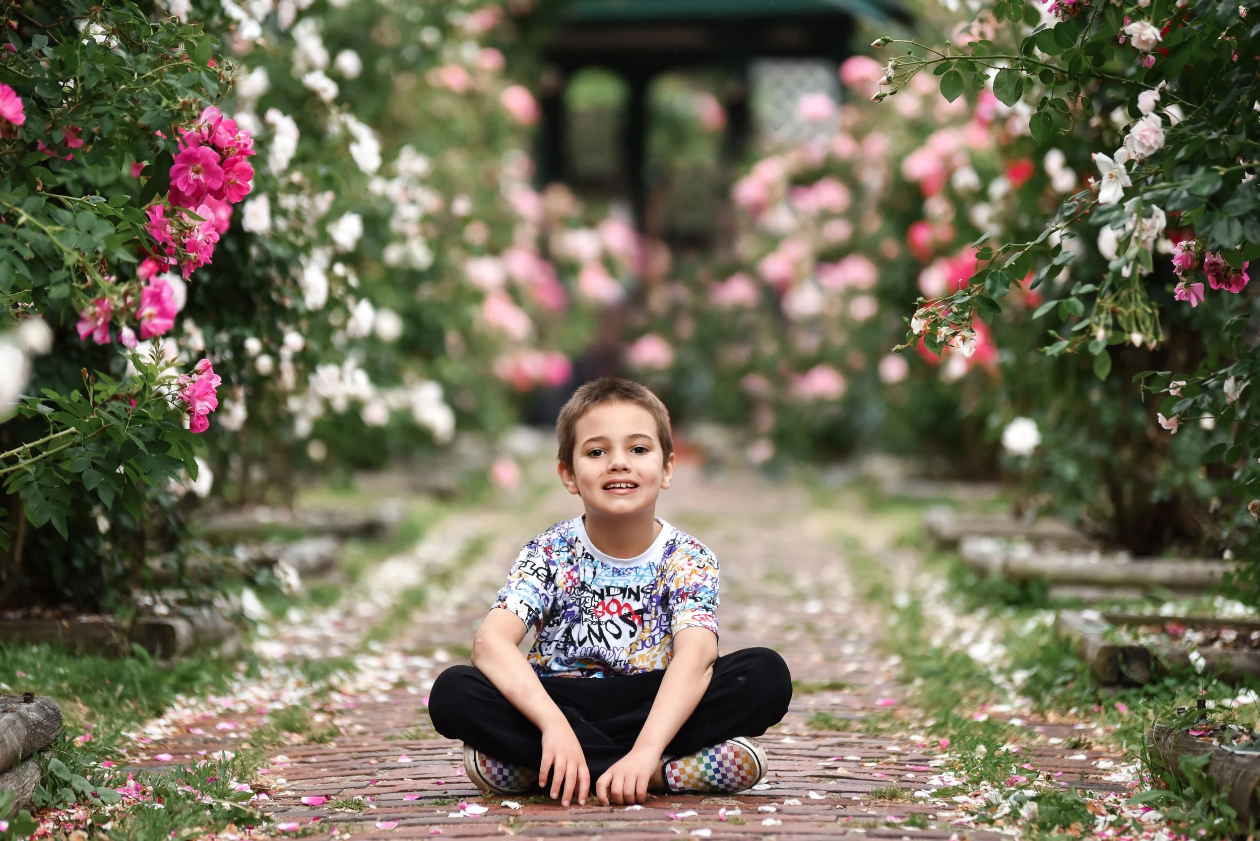 A young boy sitting cross-legged on a brick path surrounded by blooming pink and white roses in a garden.