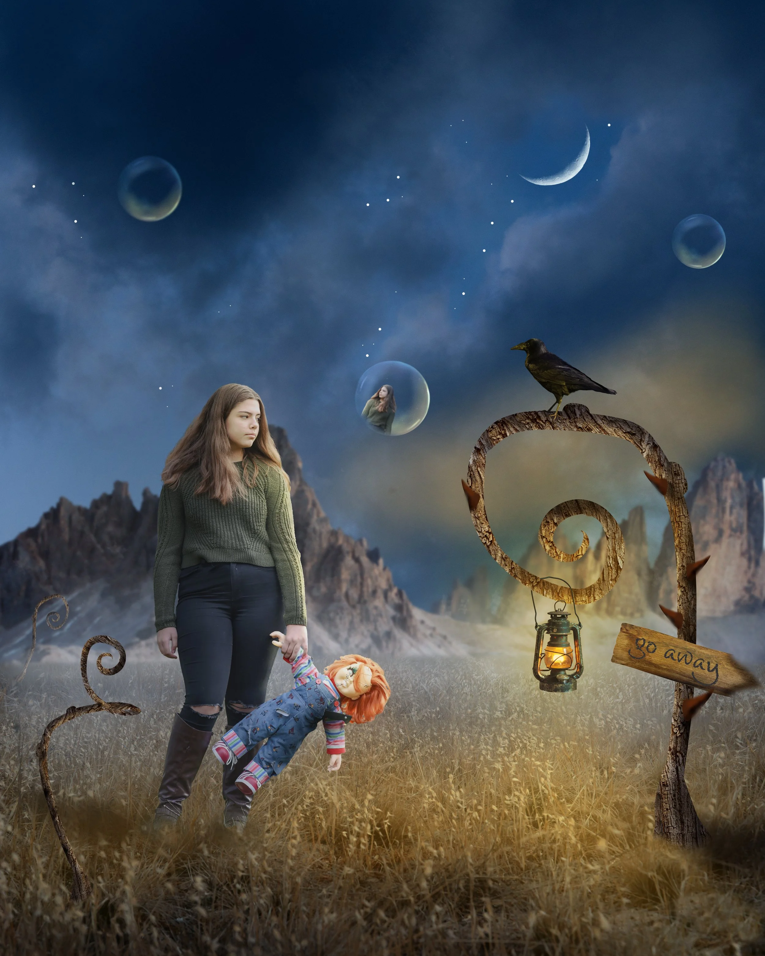 A surreal scene of a young woman holding a doll, standing in a field with mountains and a starry night sky including a crescent moon, planets, and bubbles with smaller images inside, such as a girl and a bird, and a sign that says 'go away' hanging o