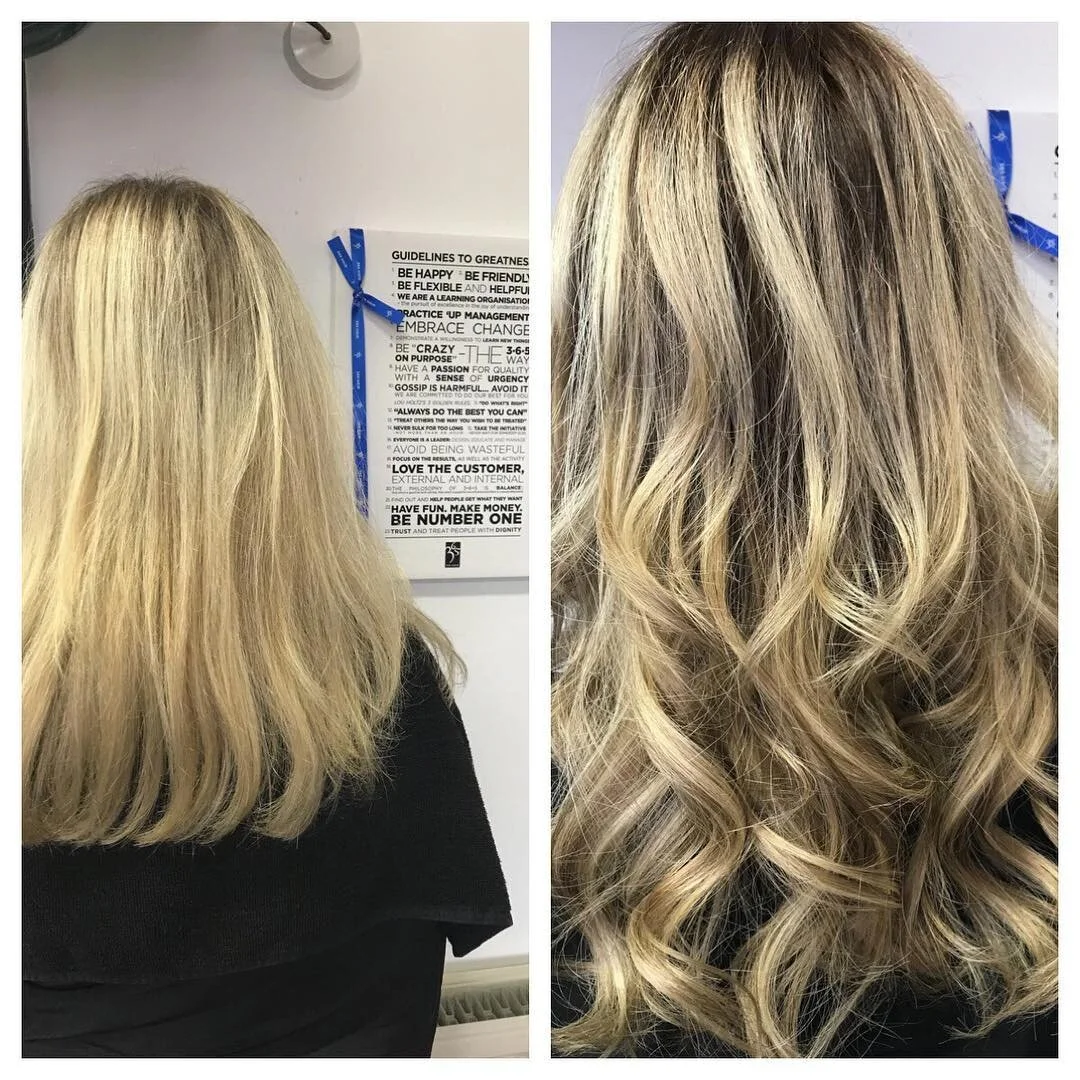 Comparison of a woman's hair before and after curling and styling, showing longer, more voluminous, and styled blonde hair.