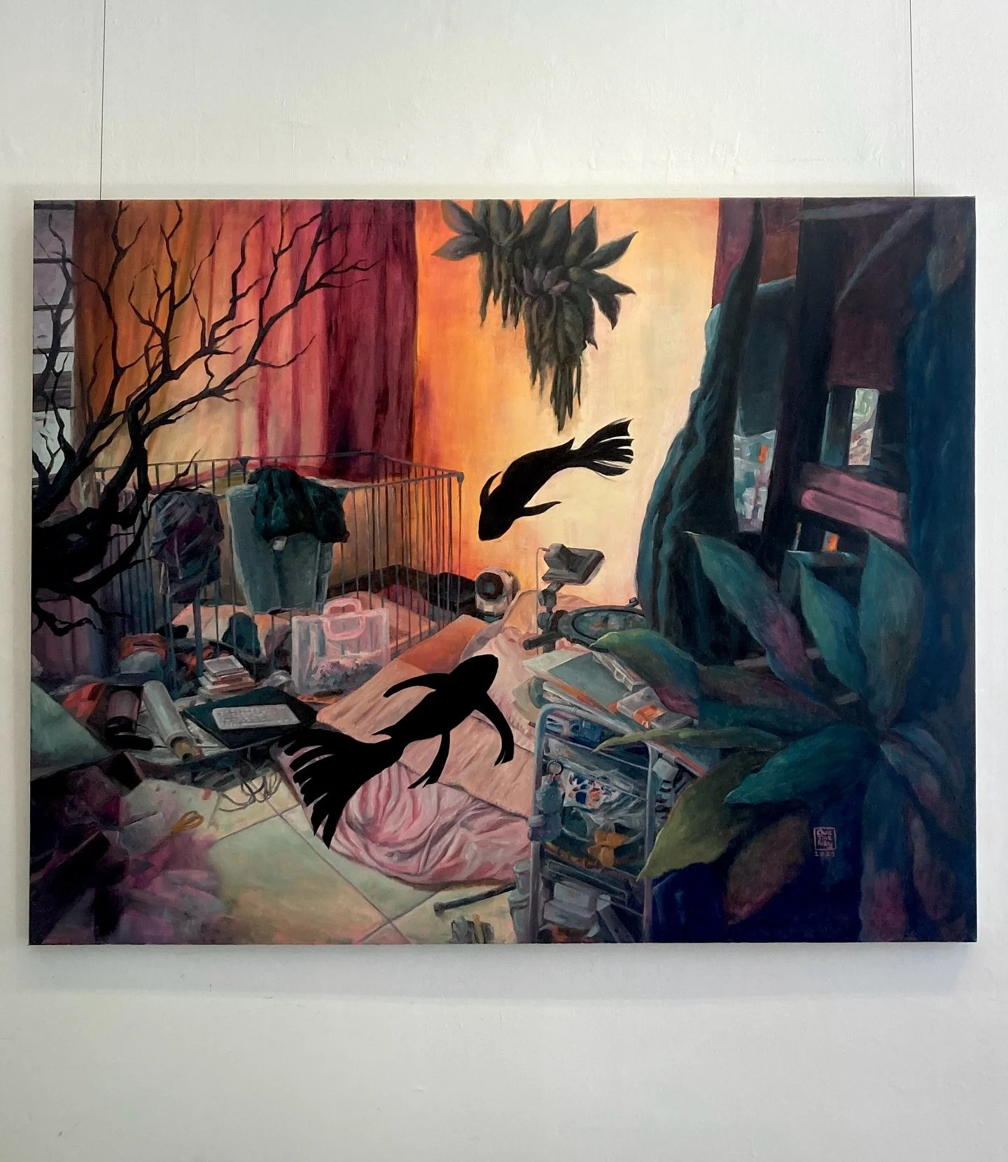 Out of Phase 1.
Acrylics and oils on stretched linen.
66&rdquo; x 52&rdquo;.
2025.
.
Out of Phase is an ongoing series chronicling the period of my derealisation (a form of dissociation) just after we were slowly opening up from the pandemic. Facing 