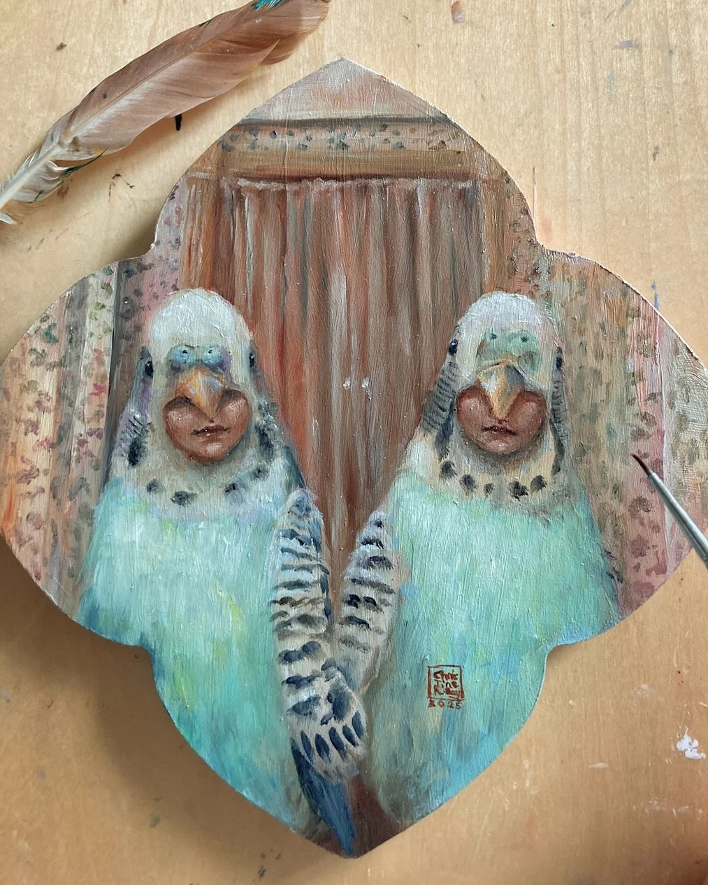 Come and Play With Us, Danny
Oils on primed @trekell_art_supplies shaped panel
8&rdquo; x 8&rdquo;
2025
.
This piece is inspired by the scene of the Grady twins in the cult psychological horror film &ldquo;The Shining&rdquo; beckoning a young Danny t