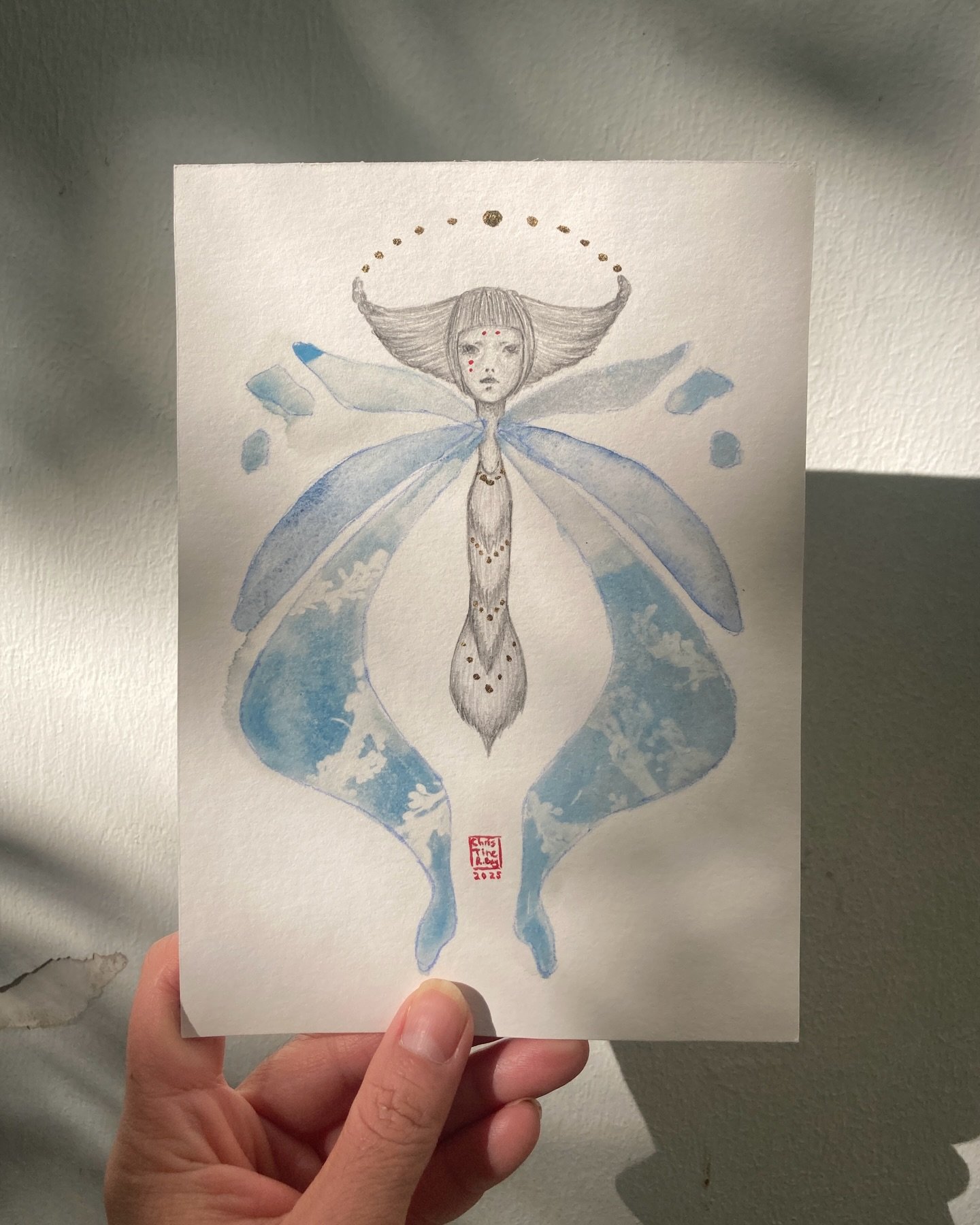 Rorschach&rsquo;s Lepidoptera 2, Version Cyanotype
Cyanotype, watercolor, graphite, 24k gold leaf, acrylics on Hahnem&uuml;le mixed media bamboo paper
5&ldquo;x7&ldquo;
2025
.
This is a sub-series of my &ldquo;Rorschach&rsquo;s&rdquo; series of works