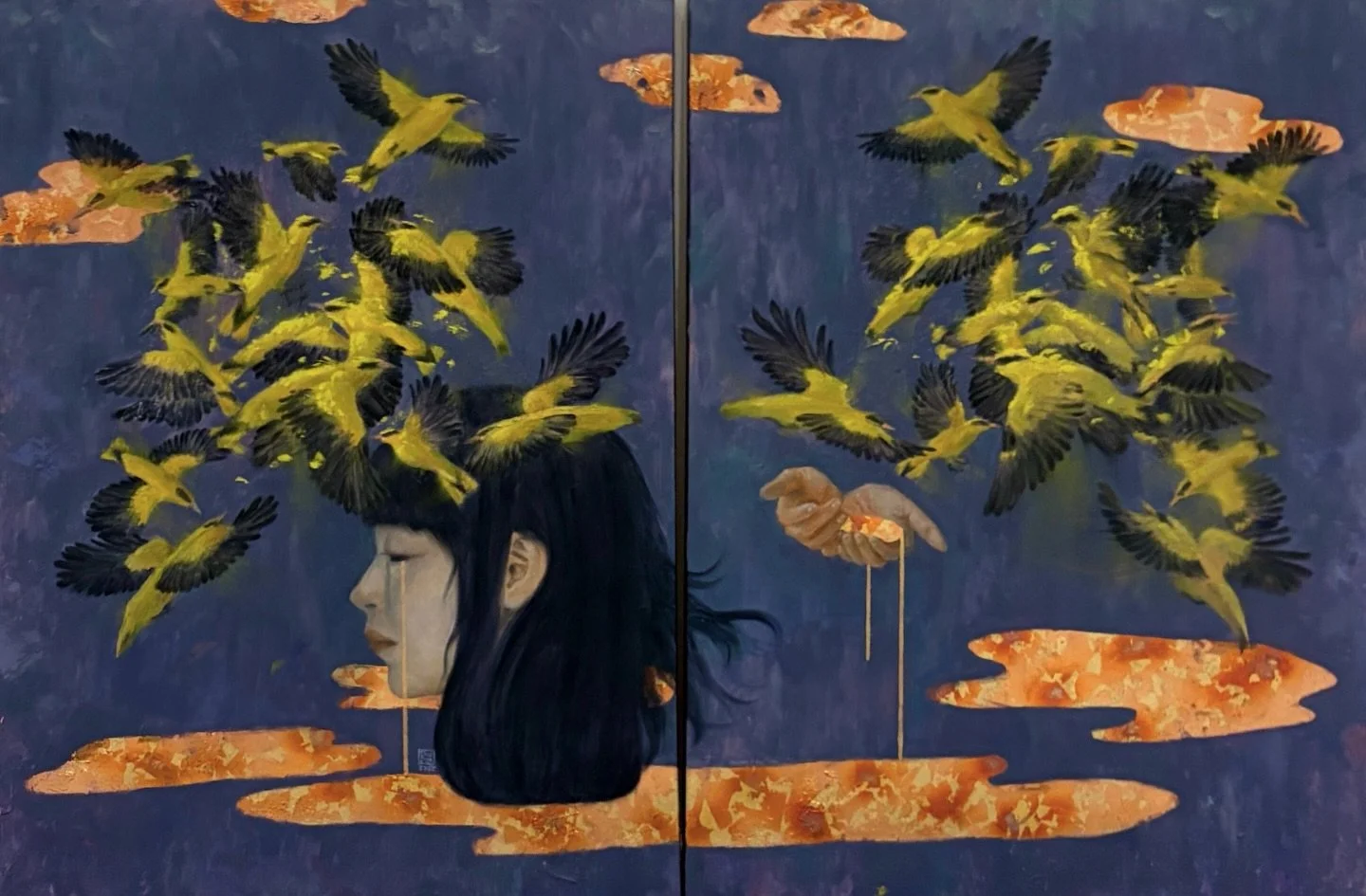 Murmuration of Solo Murmurs (群飞中的默默低语）
Modelling paste, stucco effect medium, gesso, acrylics, copper leaf (I gave it some heat-patina treatment), oils on stretched canvas
72&rdquo; x 48&rdquo; (diptych)
2026
.
My response to what&rsquo;s going on in