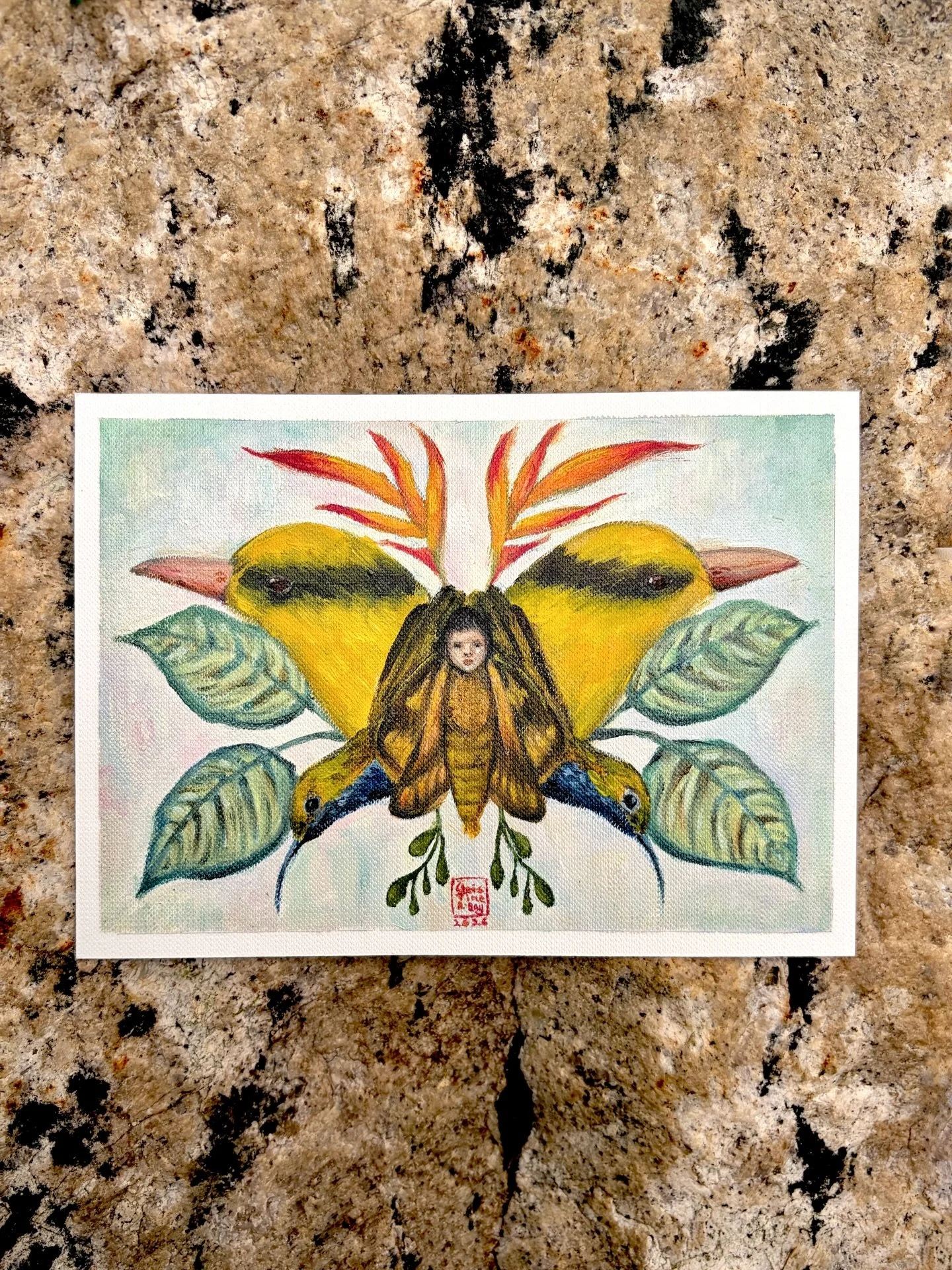 Emergence
Oils on paper
5&rdquo; x 7&rdquo;
2026
.
I constantly get questions about my use of birds in my work. I love symbolism and I specifically always use black-naped oriole to mean mental-states/sense of identity and interaction of olive-backed 