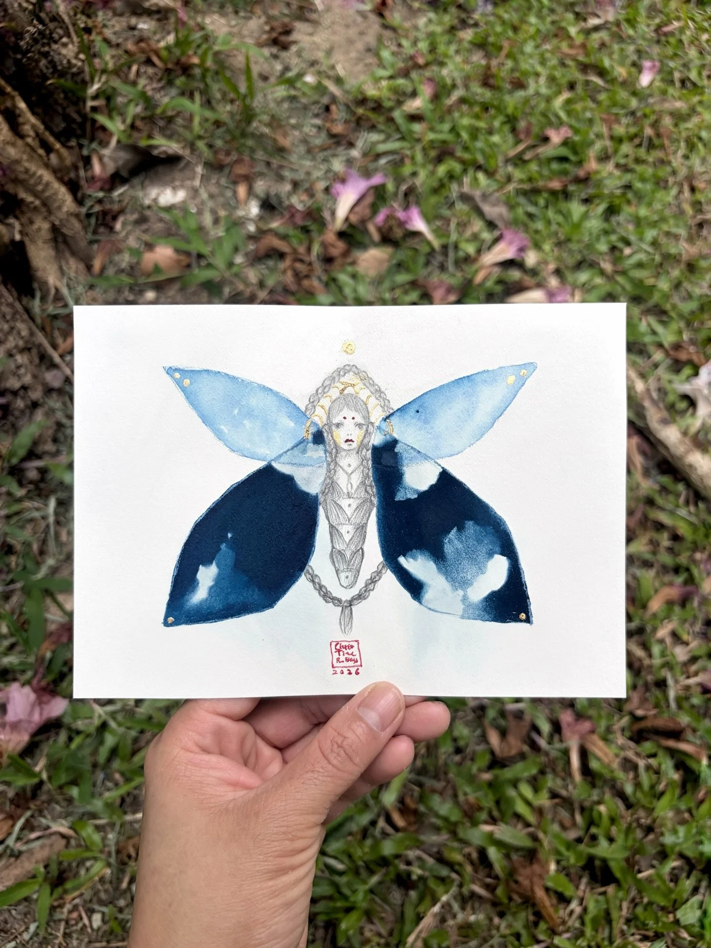 Rorschach&rsquo;s Lepidoptera 3, Version Cyanotype
Cyanotype, watercolor, graphite, 24k gold leaf, acrylics on Fabriano Artistico hot-pressed paper
About 5&rdquo; x 7&rdquo;
.
This particular Rorschach&rsquo;s moth design is loosely based on the Olea