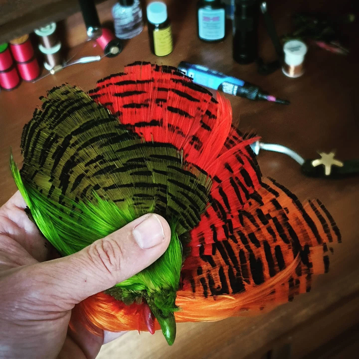 When good friend Alun Rees called to say he was dying just had to call over to see him....... came back with some goodies, to keep me busy. This guy is talented. I especially loooove the olive tippet and chartreuse crest.