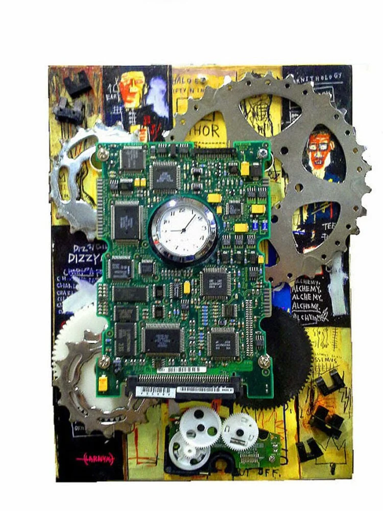 Mixed media collage featuring a circuit board, clock face, and metal gears on a colorful background with abstract artwork and text.