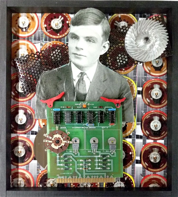 Mixed media collage with vintage photograph and electronic components