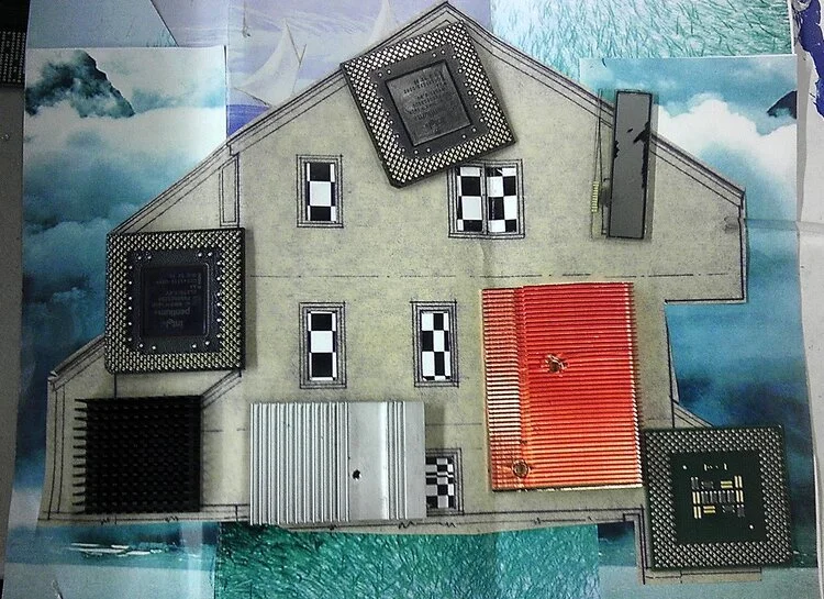 Collage artwork of a house made with electronic components like microchips and heatsinks on a printed background.