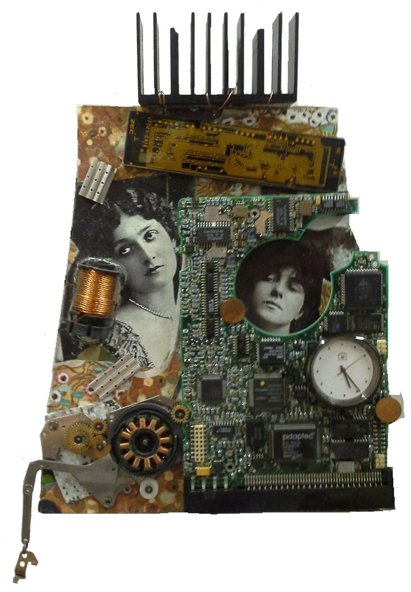 Mixed media artwork combining vintage photographs, electronic circuit boards, clock parts, and gears.