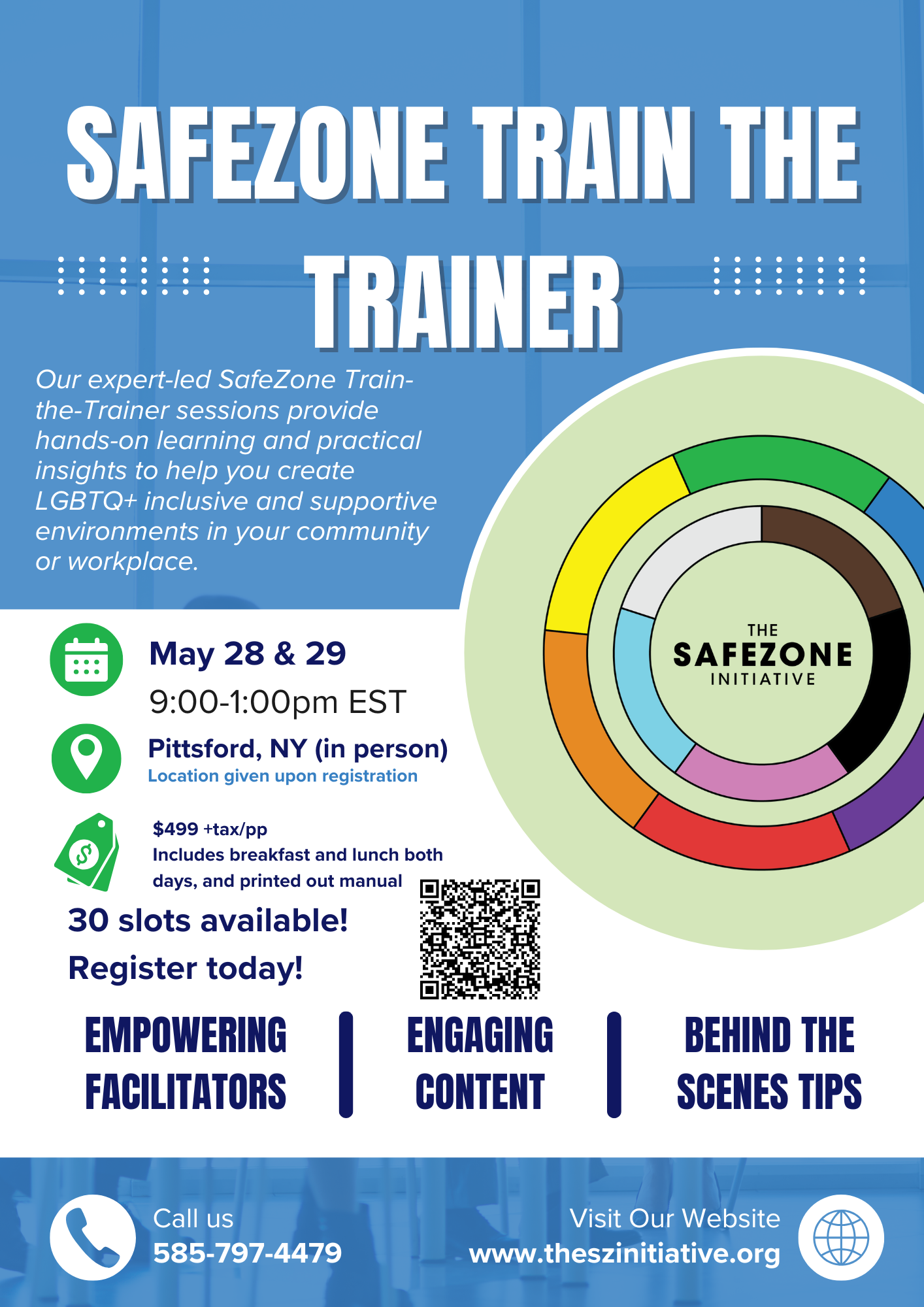 Flyer for SafeZone Train the Trainer initiative, featuring event details, date, location, cost, and a colorful circular logo, with contact and website information at the bottom.