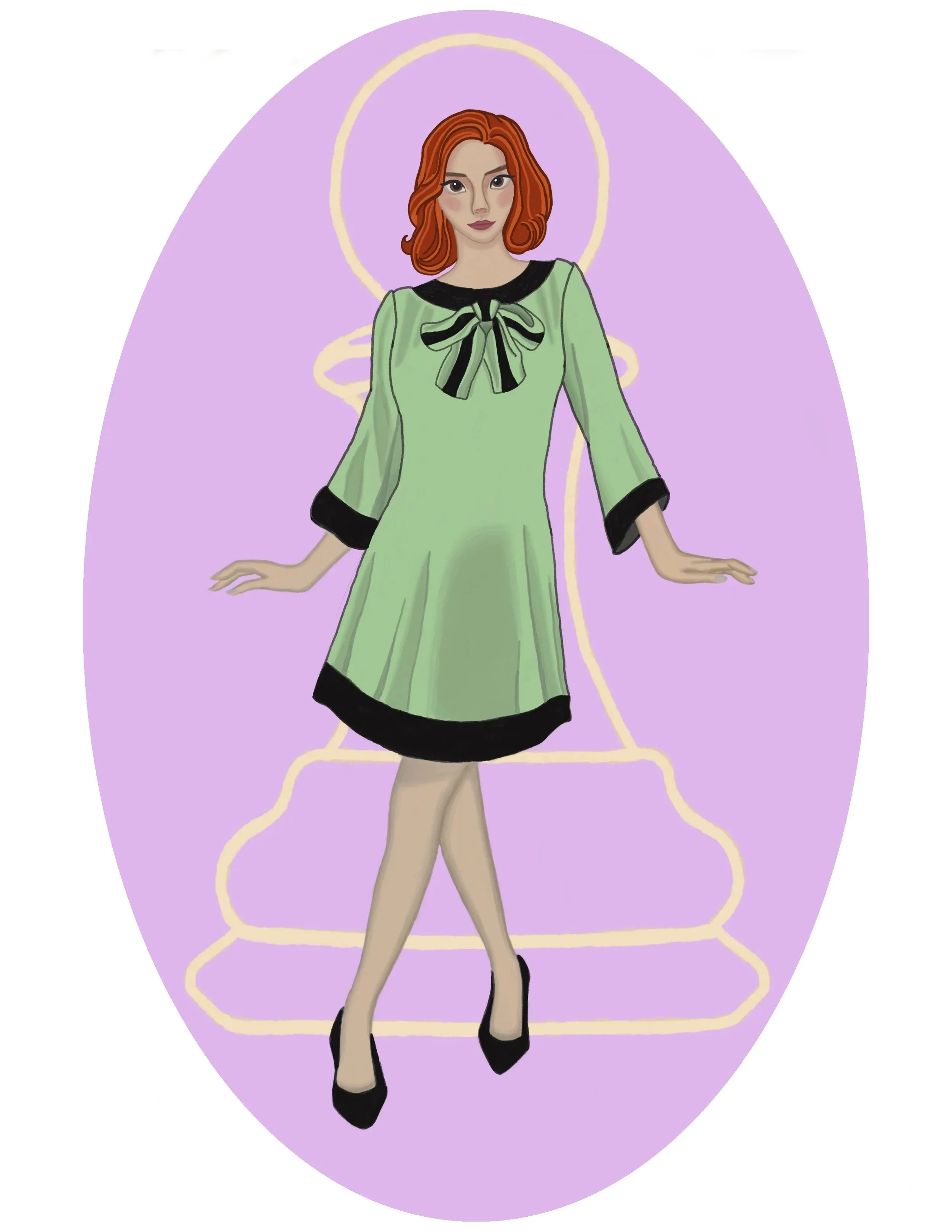 Beth harmon green bow dress fashion illustration.jpeg