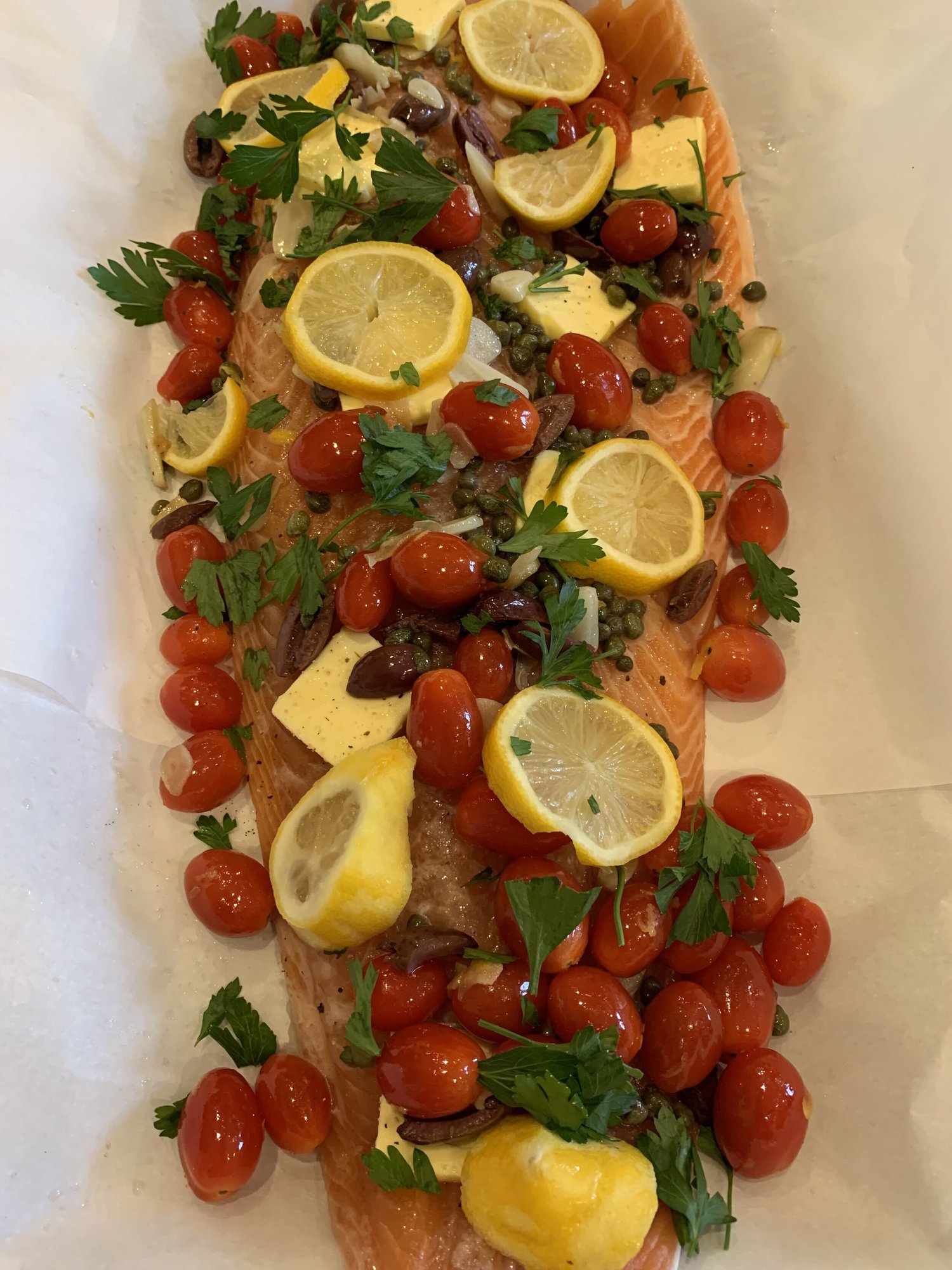 Italian Salmon Wrapped in Parchment with Grape Tomatoes, Black Olives