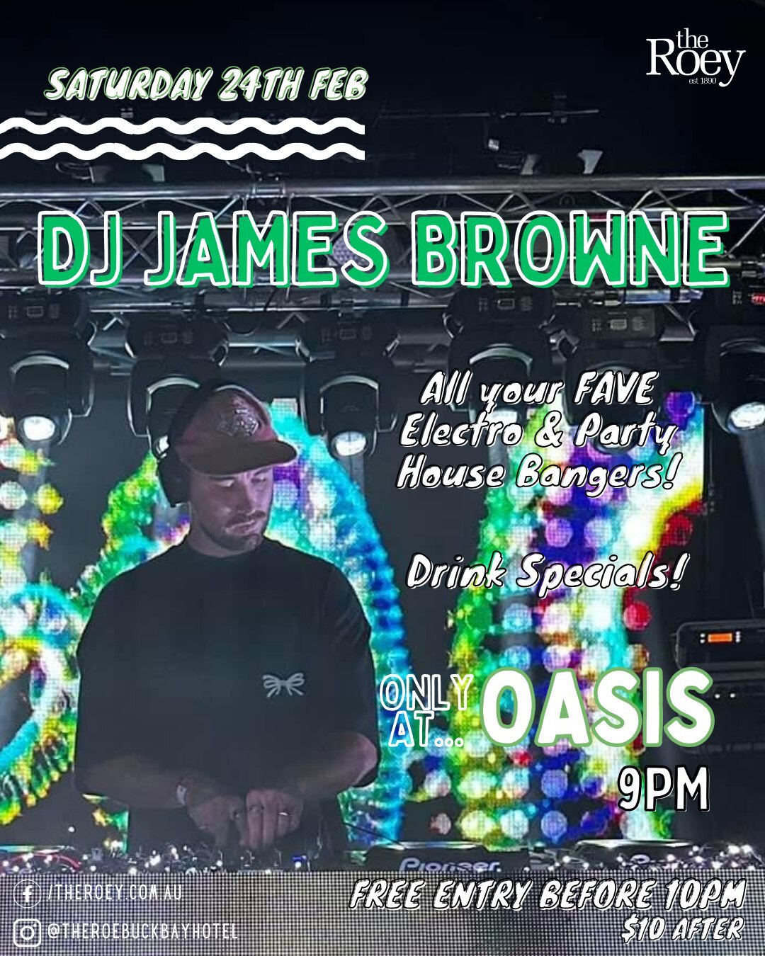Attn PARTY CREW!

Your DJ for this week at The Roey is DJ JAMES BROWNE 🎧

You can catch him mixing up alllll your fave party beats at the following events this week:

💦 THURS - Wet Tee @ Oasis
🍻 FRI - Friday Beats @ Sports Bar
🪩 SAT - Oasis Dance