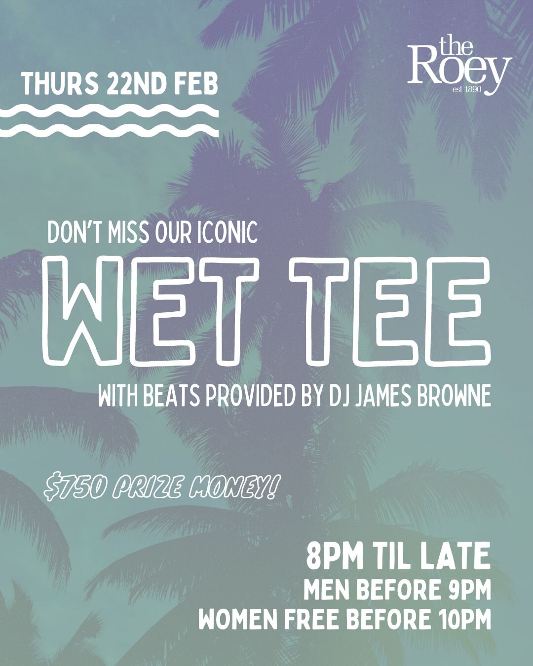 Our iconic WET TEE takes over Oasis for another round TONIGHT!

Tonight's water pouring beats will be layed down by DJ JAMES BROWNE, $750 CASH MONEY on the line for the lady who can impress our crowd the most in this week's comp 💦

Doors open 8pm
🕺