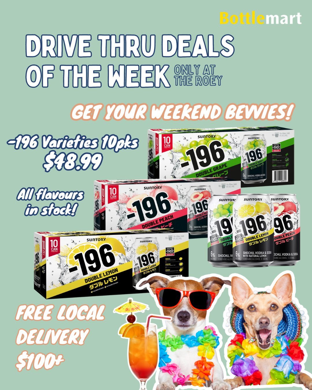 Check out our Drive Thru Deals of the week 👇🏽😆

👉🏽 196 Double Lemon, Grape or Peach 10pks $48.99
👉🏽 Hard Rated 4pks $22.99
👉🏽 Great Northern 3.5% 24Btls $53.99
👉🏽 Skyy Vodka 700ml $44.99
👉🏽 Fireball, Jim Beam, Canadian Club or Sailor Jer