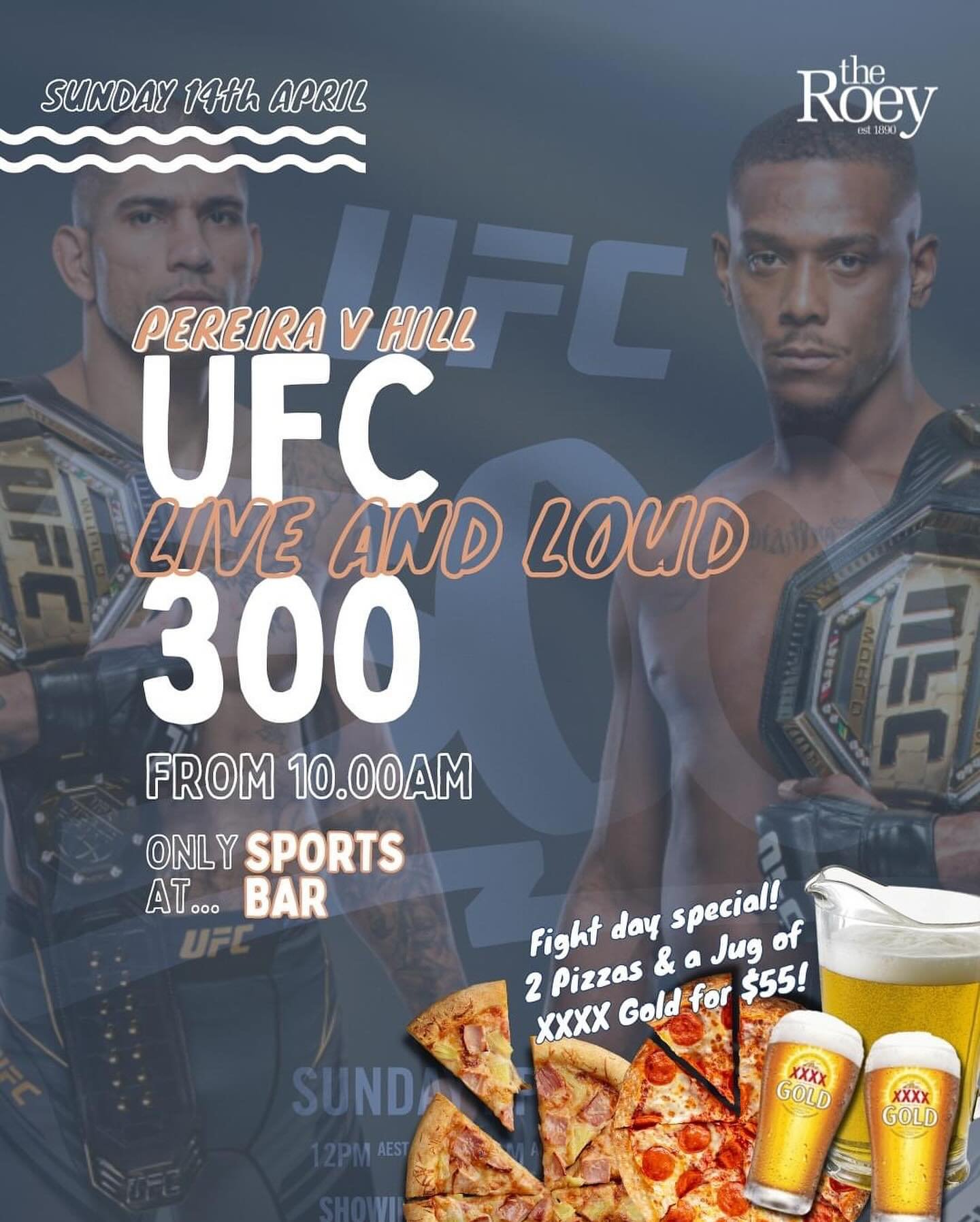 Our HUGE Sunday of SPORTS starts from 10am 💥

First up it&rsquo;s UFC 300 🥊Pereira vs Hill🥊 live &amp; loud on the big screens in the Sports Bar, fights start 10am sharp!

Then SUNDAY FOOTY kicks off 👇🏽🏉

AFL - Cats vs Roos 11.00am
Eagles vs Ti