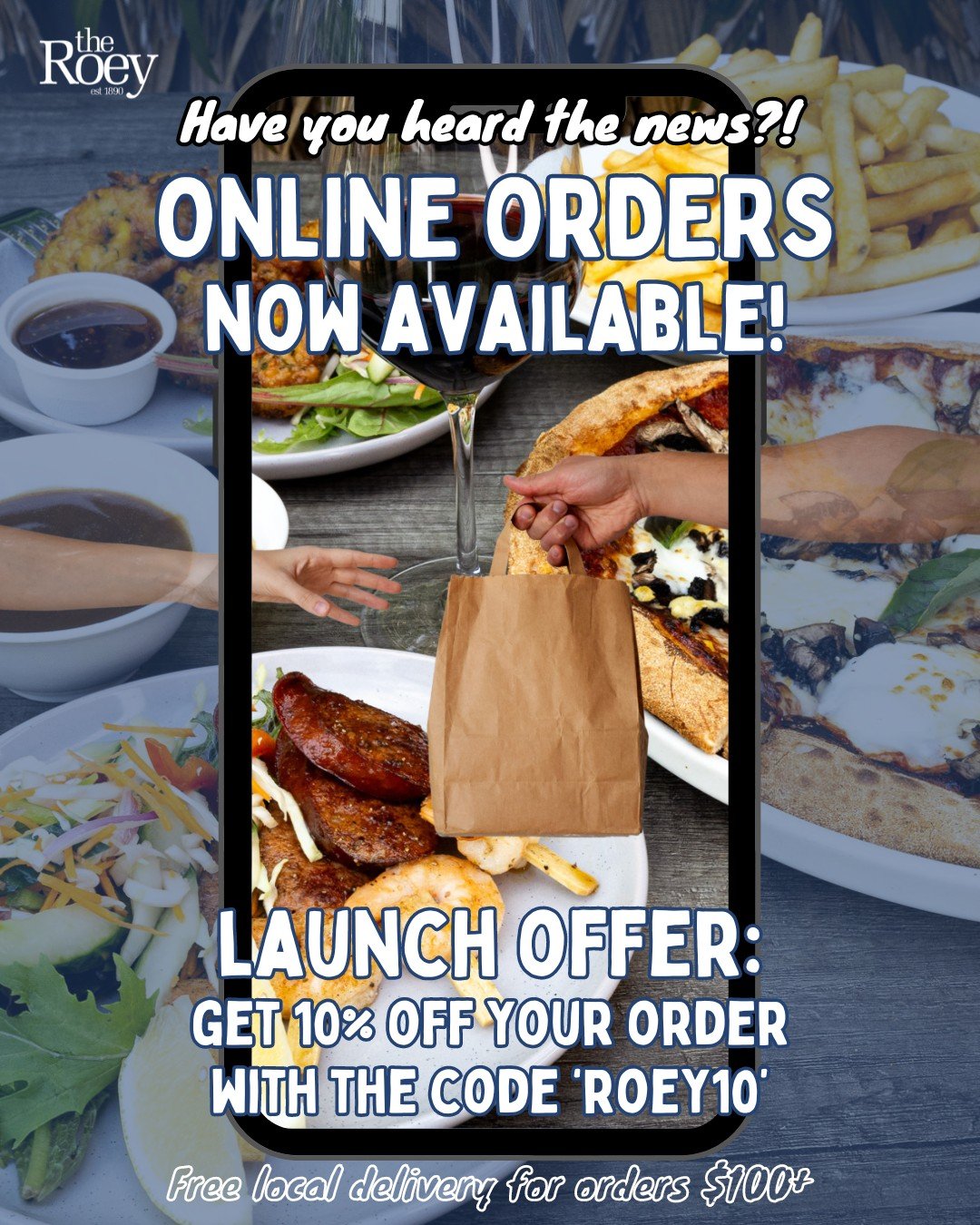 Here's some GREAT news for your FRIDAY!

You can now order your fave Roey meals ONLINE, straight from your phone/device/laptop! How handy is that?

And as an weekend launch offer we are giving your 10% OFF your order this weekend.

To place your orde