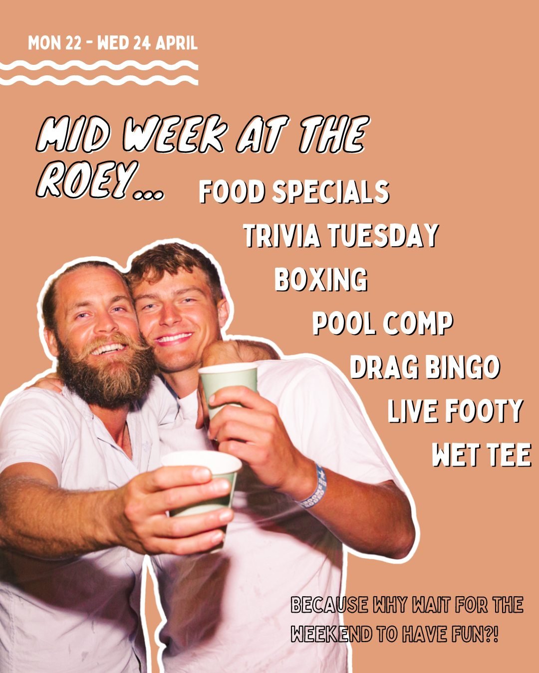 It's a 4 day working week... WOOHOO!

Here's what's happening at the Roey Mon-Wed this week 👇🏽

MON 👉🏽 Parmi Night in both Sports Bar &amp; Pearlers! Huge Chicken Parmi, Chips &amp; Salad for just $28

TUES 👉🏽 Trivia Tuesday 🧠 with Toni in Pea