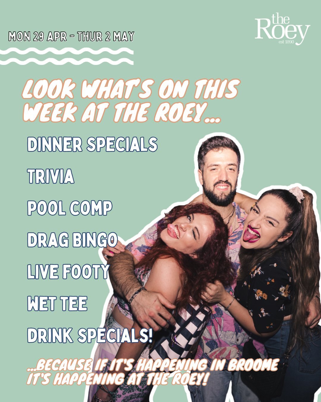 Here's what's happening this week at The Roey 👇🏽😎

MON 👉🏽 Our weekly Parmi night is back in Sports Bar &amp; Pearlers. Get a HUUUUGE Parmi, Chips &amp; Salad for $28 🐔

TUES 👉🏽 Treat yo'self Tuesday is back with special deals on our deeeeeeel