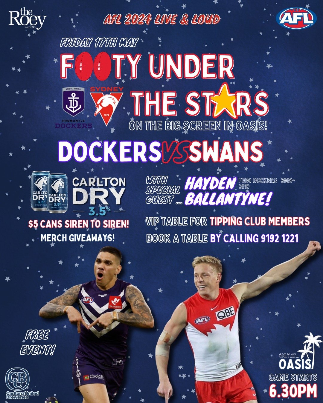 📣CALLING ALL FOOTY FANS📣

Join us this Friday 10th May for a very special FOOTY UNDER THE STARS 🏉✨ in Oasis from 6pm 🌴

Watch the 🟣DOCKERS VS SWANS🔴 on the biiiig screen &amp; even bigger sound system 🔊 commentary so crisp you'd think you were