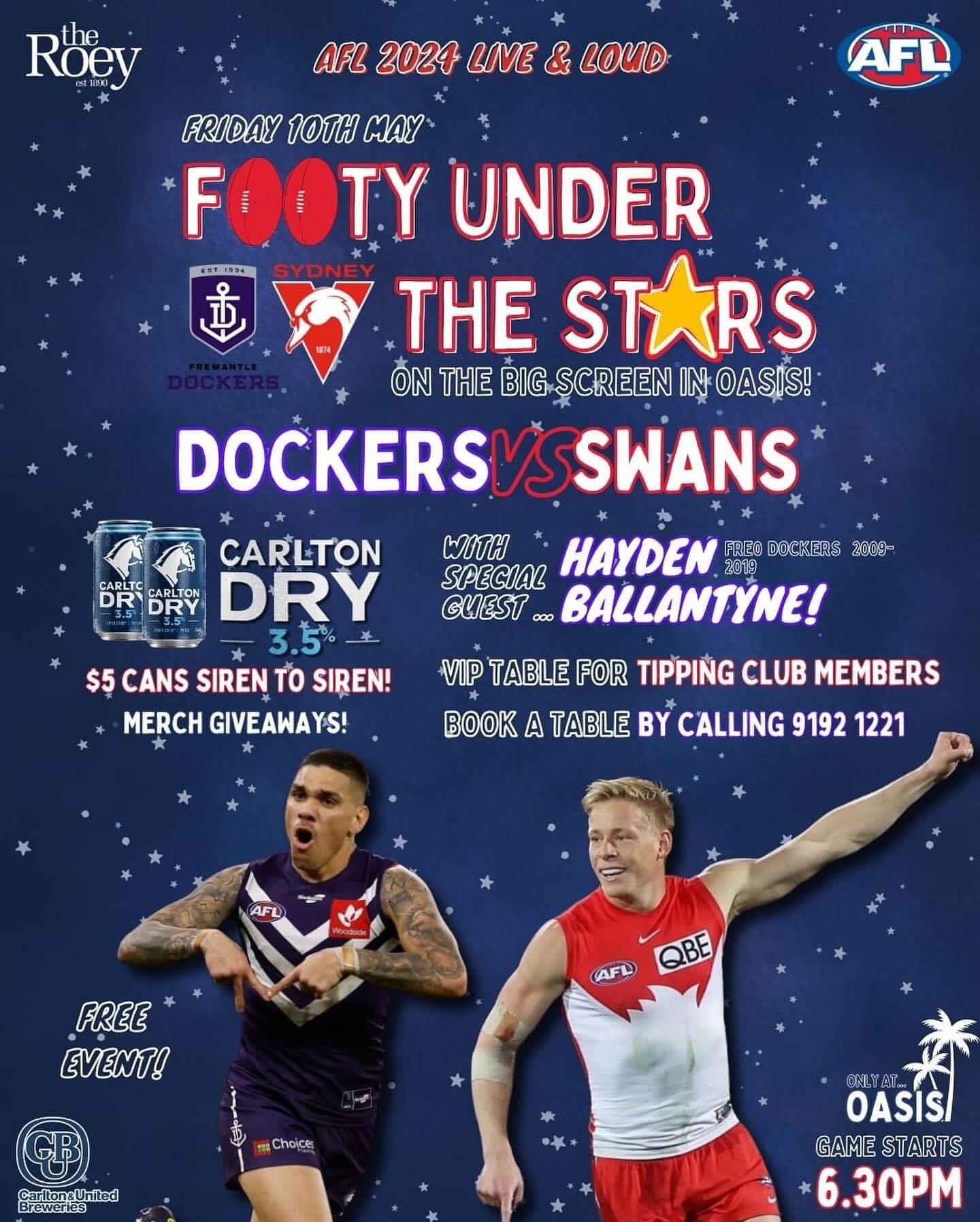 📣CALLING ALL FOOTY FANS📣

Join us this Friday 10th May for a very special FOOTY UNDER THE STARS 🏉✨ in Oasis from 6pm 🌴

Watch the 🟣DOCKERS VS SWANS🔴 on the biiiig screen &amp; even bigger sound system 🔊 commentary so crisp you&rsquo;d think yo
