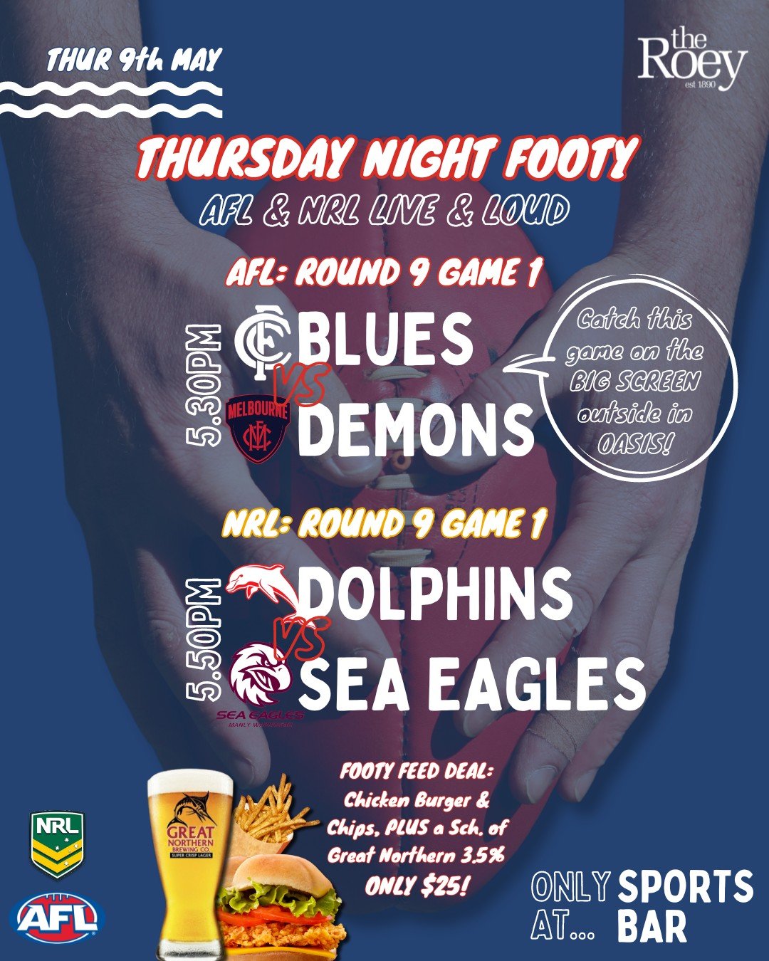 It's THURSDAY... so you know what that means 😜 
...time for a little Friday behaviour! 

Kicking off with THURSDAY NIGHT FOOTY! Both codes live &amp; loud on the big screens in the Sports Bar

AFL 🏉 Blues vs Demons @ 5.30pm
NRL 🏉 Dolphins vs Sea E