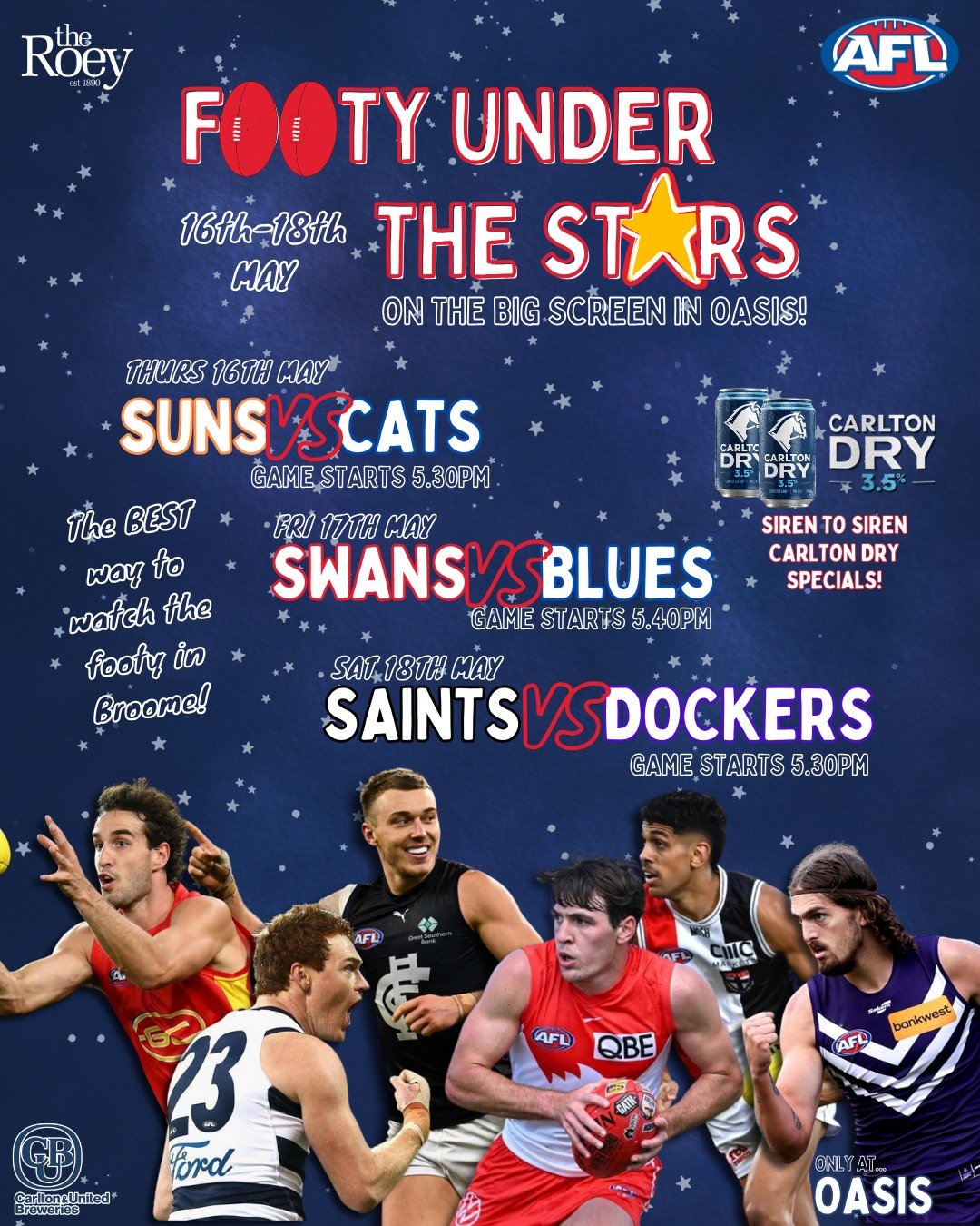 Your HUGE weekend of FOOTY starts TODAY! 🏉💥

Every game of the AFL &amp; NRL 2024 Seasons, LIVE &amp; LOUD 📣 on the big screens in the Sports Bar AND Oasis 🍺🌴

🌟 FOOTY UNDER THE STARS 🌟 on the biiiiig screen in Oasis this weekend:
Thurs 👉🏽 S