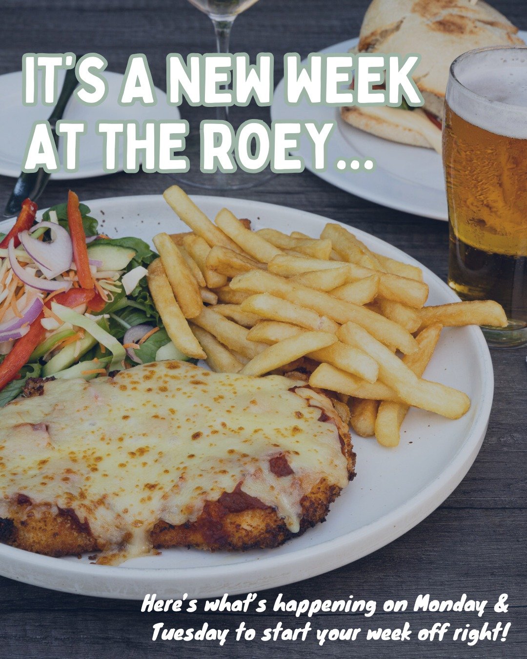 It's a new week! Here's what's happening at The Roey on Monday &amp; Tuesday to get your week started the right way 👇🏽😎

MON 👉🏽 cure that Mondayitis with PARMI NIGHT! Score a famous HUGE Roey Parmi with chips &amp; salad for just $28!

TUES 👉🏽