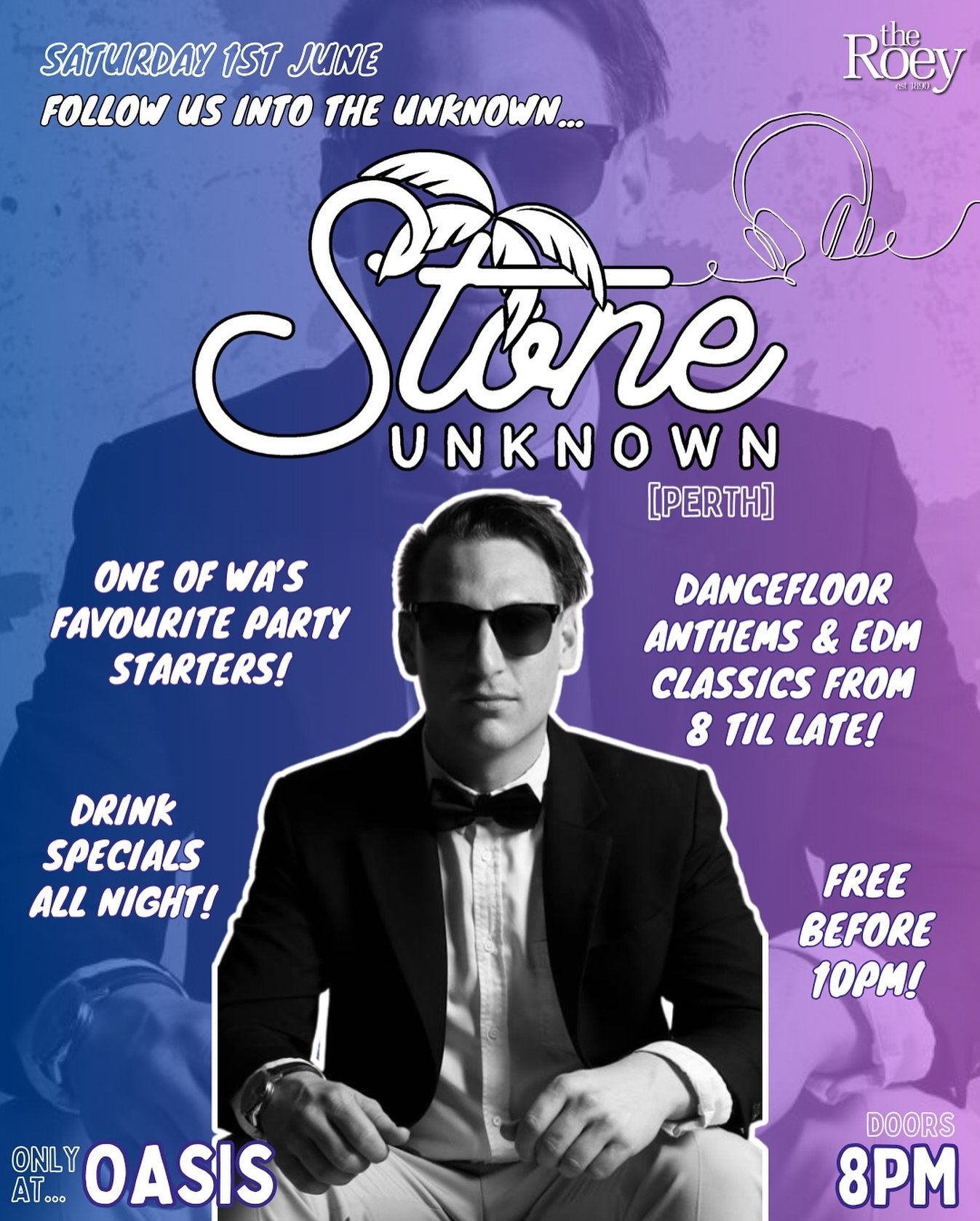INTO THE UNKNOWN Dance Party happening TONIGHT in Oasis! 

Don&rsquo;t miss @stoneunknown in his first Saturday set for the season, mixing up your fave EDM classics &amp; party anthems from 8 til late

FREE ENTRY until 10pm &amp; drink specials allll