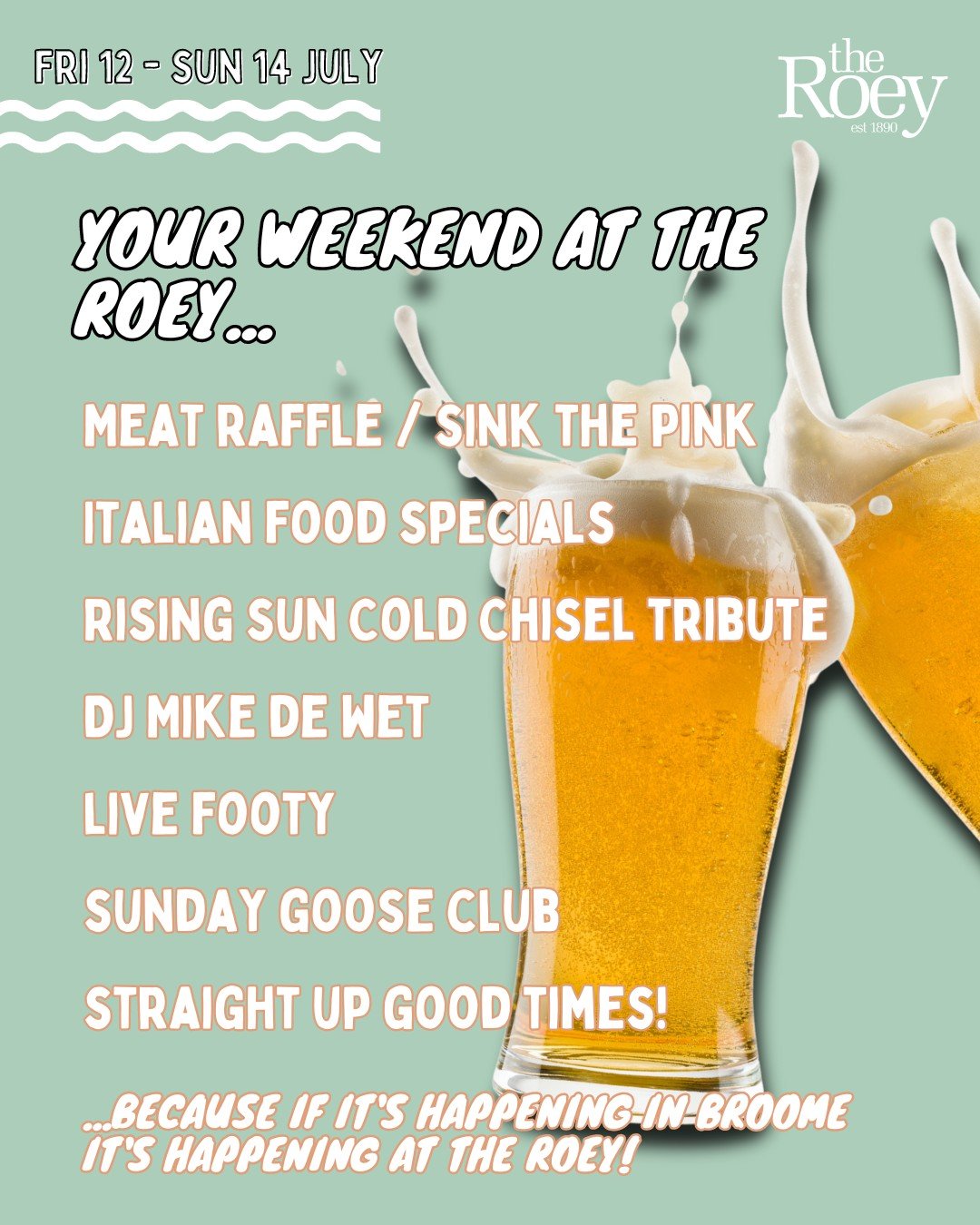 Well thank f&amp;*k it's Friday! Who's with us?!

We have a HUGE weekend planned at the Roey, so here's whats on:

From 5pm 👉🏽 ITALIAN FAVES FRIDAY! All pizzas &amp; pasta only $22, plus bruschetta &amp; garlic bread at TGIF prices 🙌🏽🍕

Meat Tra